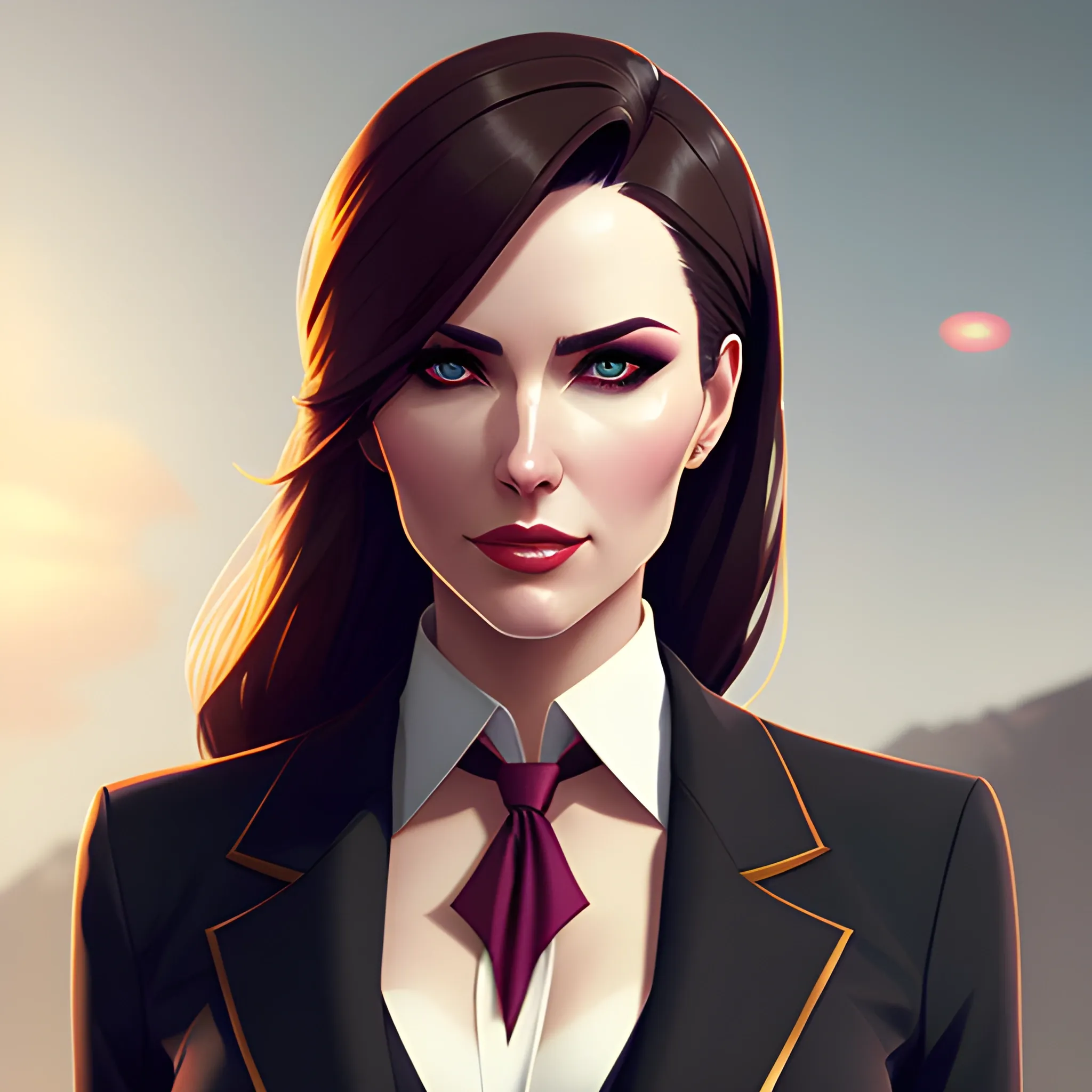 arcane style, Posh girl wearing an open blazer, tie, detailed portrait, cell shaded, 4 k, concept art, by wlop, ilya kuvshinov, artgerm, krenz cushart, greg rutkowski, pixiv. cinematic dramatic atmosphere, sharp focus