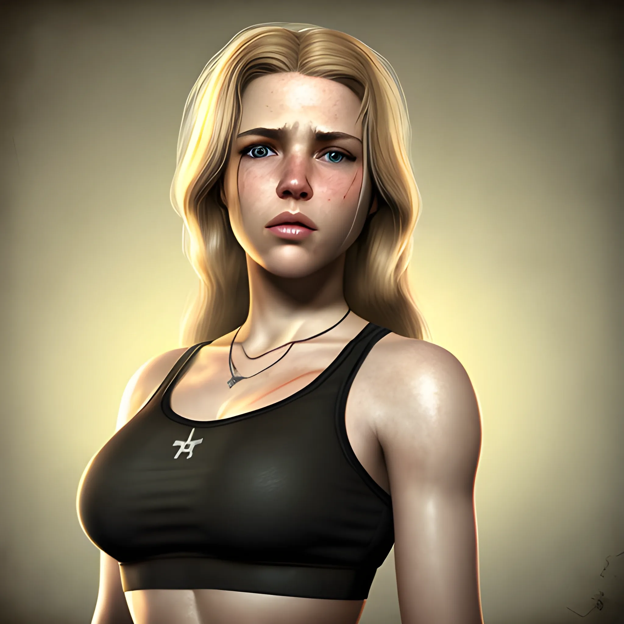 In the style of fallout 1, (masterpiece), (portrait photography), (portrait of a Caucasian female), no makeup, flat chested, white sports bra, dogtags, long hair, blond hair, brown eyes, full lips, round face, round nose, plump cheeks