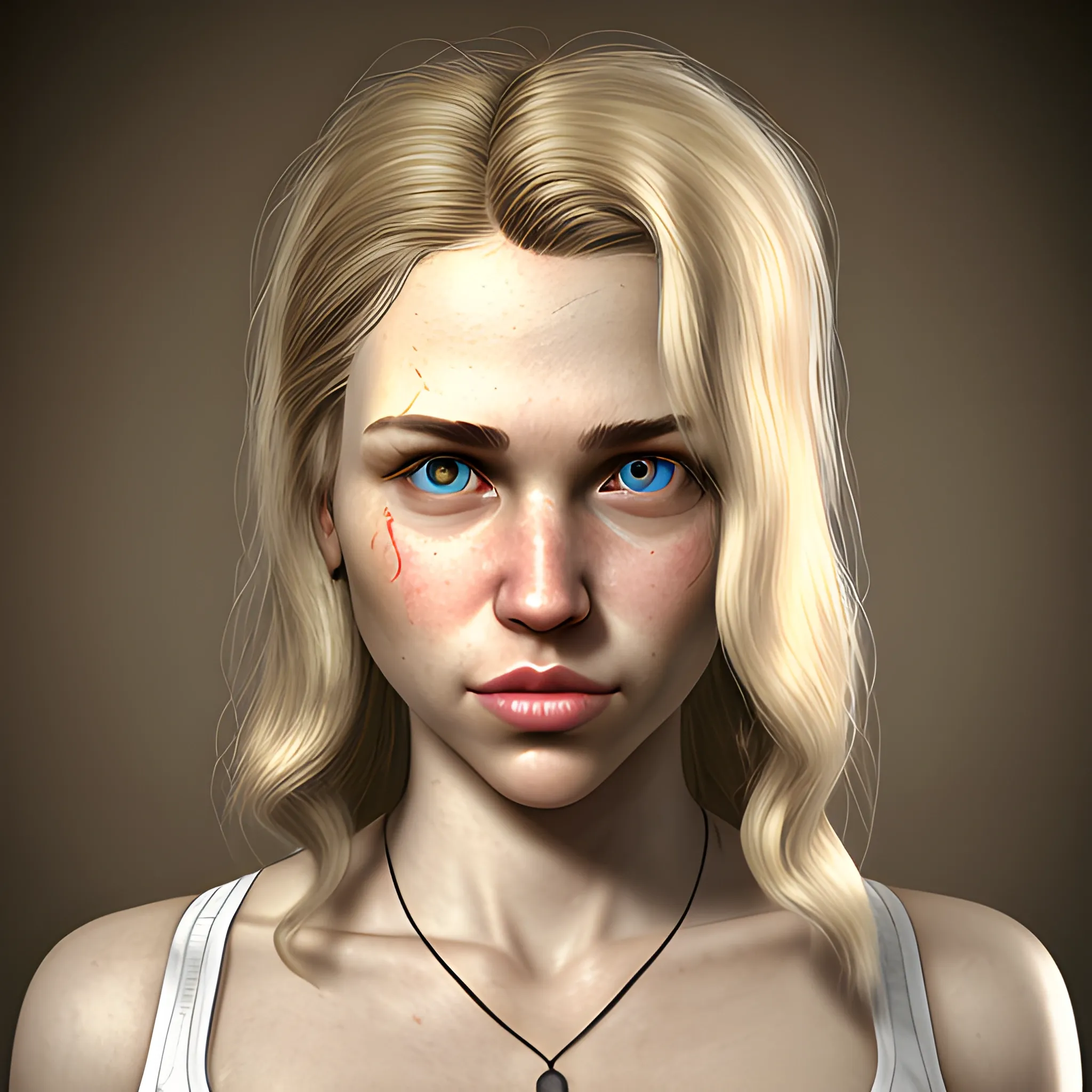 In the style of fallout 1, (masterpiece), (portrait photography), (portrait of a Caucasian female), no makeup, flat chested, white sports bra, dogtags, long hair, blond hair, brown eyes, full lips, round face, round nose, plump cheeks