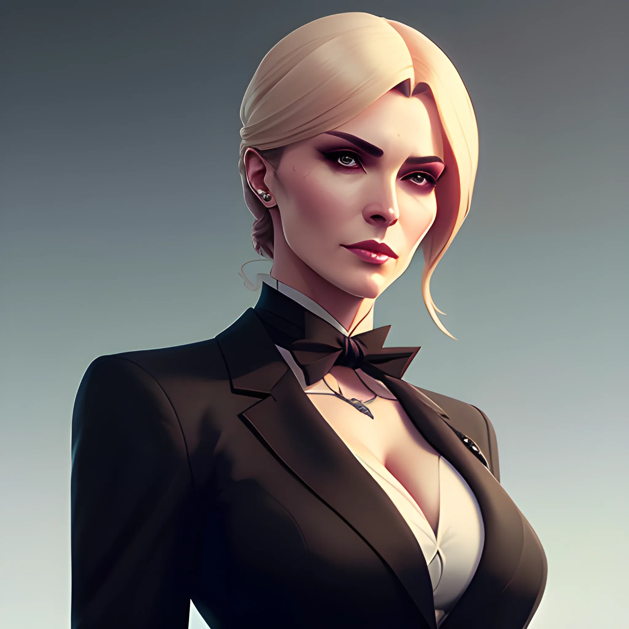 arcane style, Posh girl wearing an open blazer, tie, detailed portrait, cell shaded, 4 k, concept art, by ilya kuvshinov, krenz cushart, greg rutkowski, pixiv. cinematic dramatic atmosphere, sharp focus