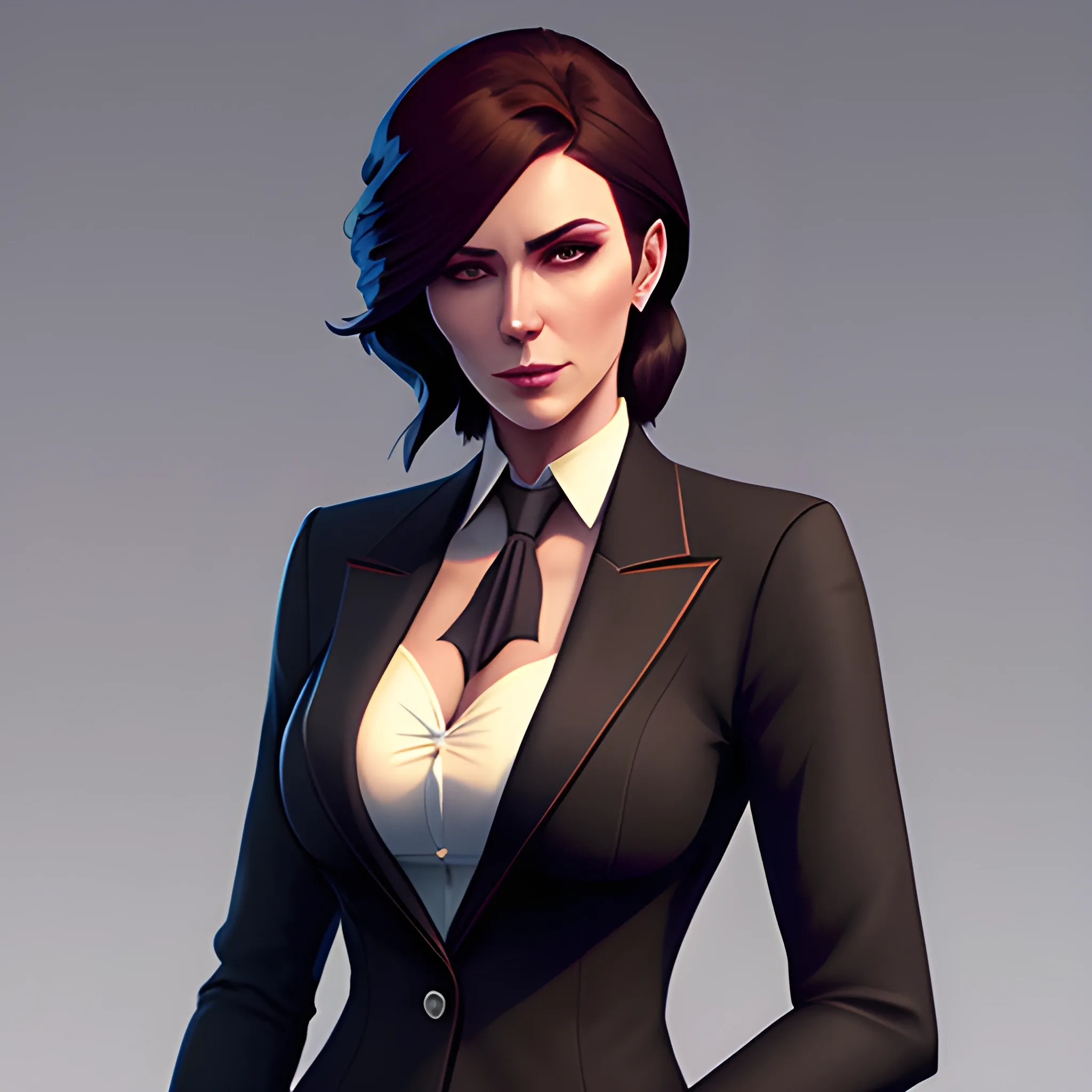 arcane style, Posh girl wearing an open blazer, tie, detailed portrait, cell shaded, 4 k, concept art, by ilya kuvshinov, krenz cushart, greg rutkowski, pixiv. cinematic dramatic atmosphere, sharp focus