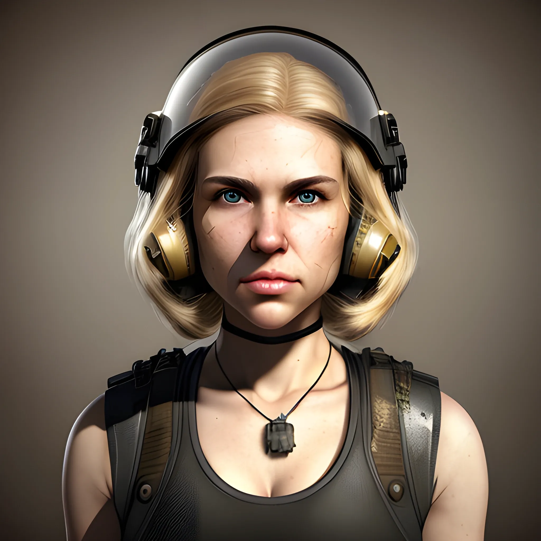 In the style of fallout 1, (masterpiece), (portrait photography), (portrait of a Caucasian female), no makeup, flat chested, white sports bra, dogtags, long hair, blond hair, brown eyes, full lips, round face, round nose, plump cheeks, black Bulletproof vest, jet fighter pilot helmet