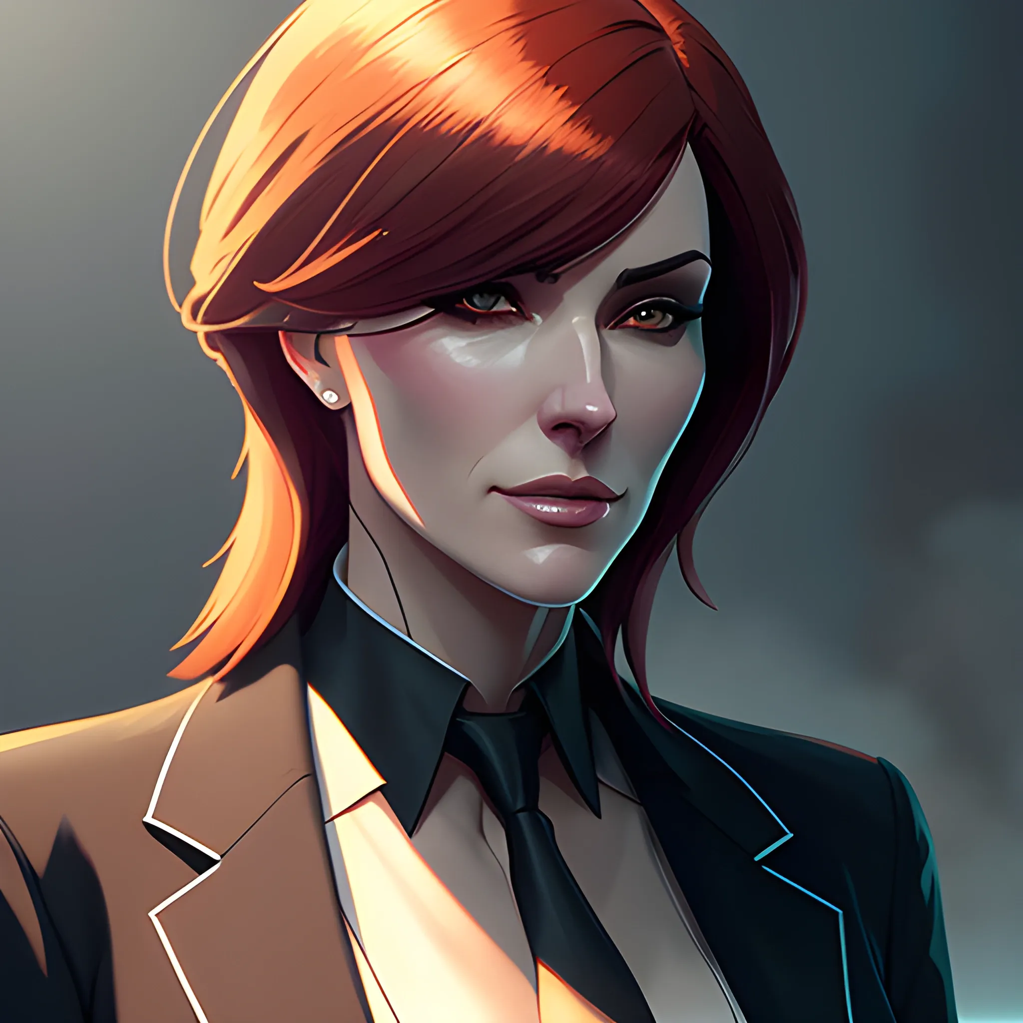 arcane style, girl wearing an open blazer, tie, detailed portrait, cell shaded, 4 k, concept art, by ilya kuvshinov, krenz cushart, greg rutkowski, pixiv. cinematic dramatic atmosphere, sharp focus