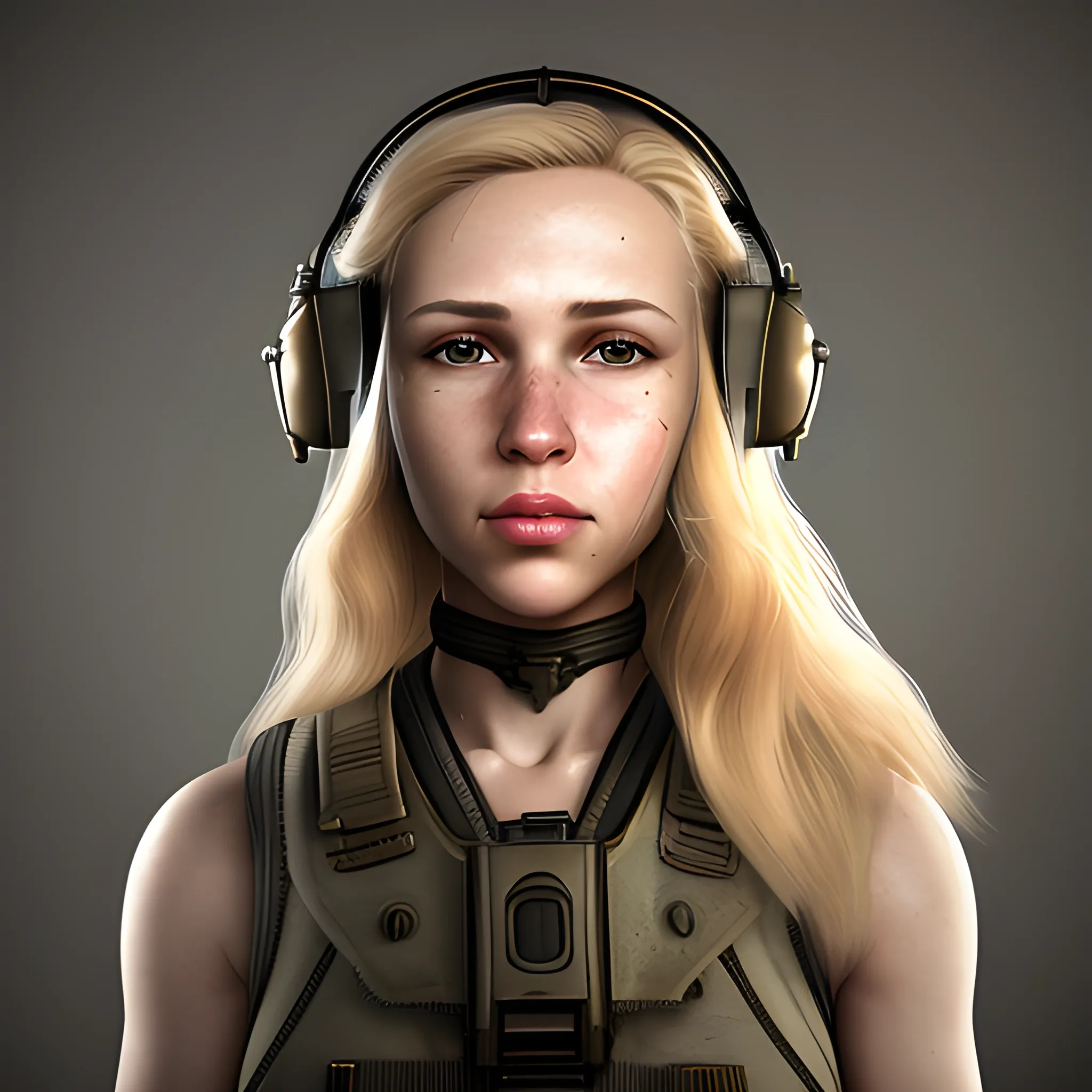 In the style of fallout 1, (masterpiece), (portrait photography), (portrait of a Caucasian female), no makeup, flat chested, white sports bra, dogtags, long hair, blond hair, brown eyes, full lips, round face, round nose, plump cheeks, black Bulletproof vest, F-35 Jet Fighter Helmet