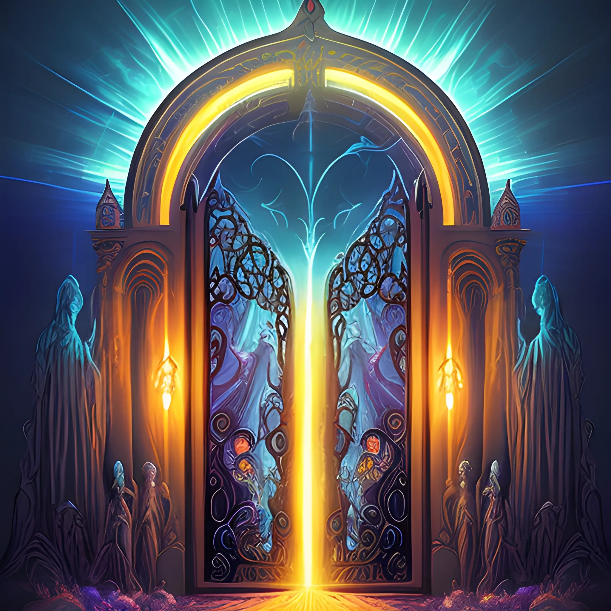 a comics rendition inspired by the fantasy artist Neil Gaiman, showcasing the majestic gates of heaven, infused with a sense of grandeur amidst cascading rays of light. Cool color temperature adds to the awe-inspiring sci-fi atmosphere. No faces, just the resplendent gates under the broad light, rendering a mystic, intriguing vibe