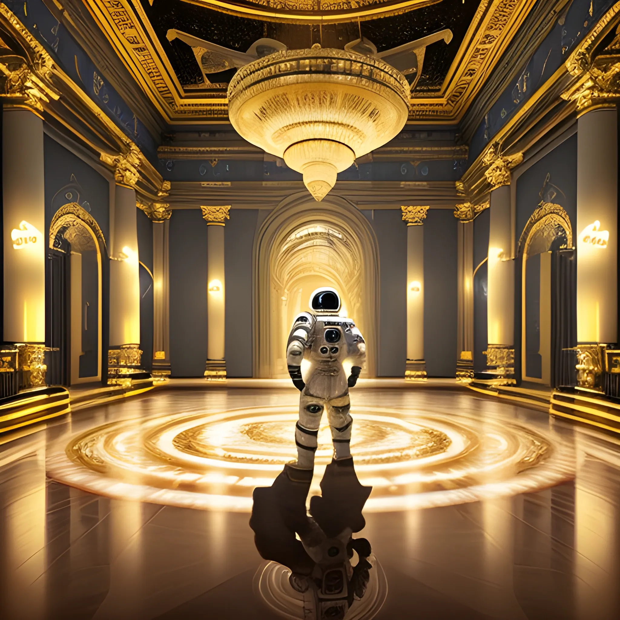 In a surreal blend of past and future, an astronaut stands in the heart of an opulent European palace from ancient times. The astronaut, clad in a modern spacesuit, is seen from behind, adding an element of mystery and exploration. The grandeur of the palace is amplified by a cosmic twist, its traditional jewels replaced by an array of stars and planets. They shimmer with an otherworldly glow, casting fascinating patterns of light across the ornate interiors. In the center, a grand chandelier has been transformed into a large, glowing Saturn, its rings casting a heavenly glow. Bathed in warm hues, the image captures the stark contrast between the astronaut's high-tech suit and the golden opulence of the palace. Viewed from a wide-angle perspective, this scene is a masterful blend of realism and fantasy, rendered in a photographic style that blurs the lines between the epochs