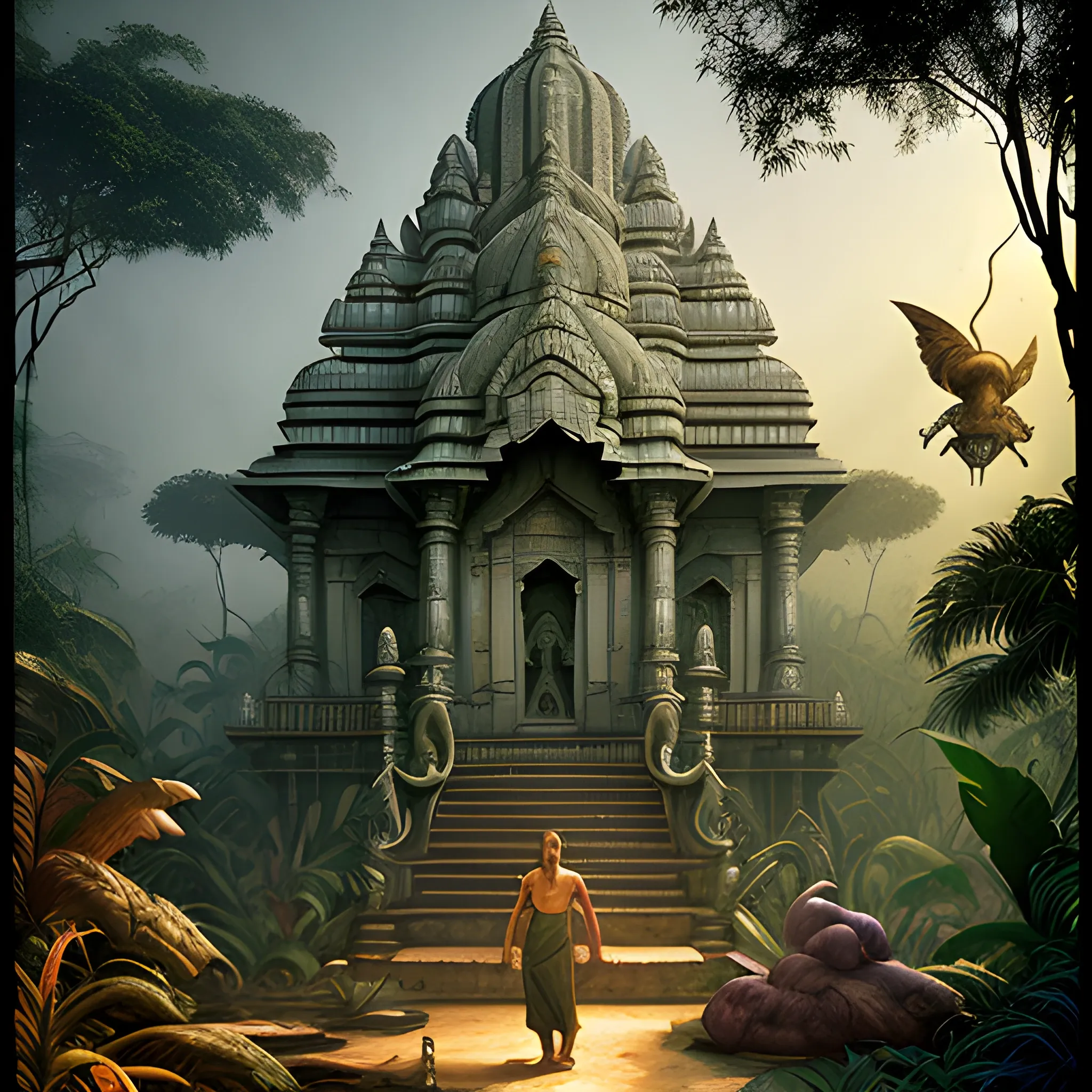 8 k concept art from a hindu temple lost in the jungle by david mattingly and samuel araya and michael whelan and dave mckean and richard corben. realistic matte painting with photorealistic hdr volumetric lighting. composition and layout inspired by gregory crewdson., Trippy