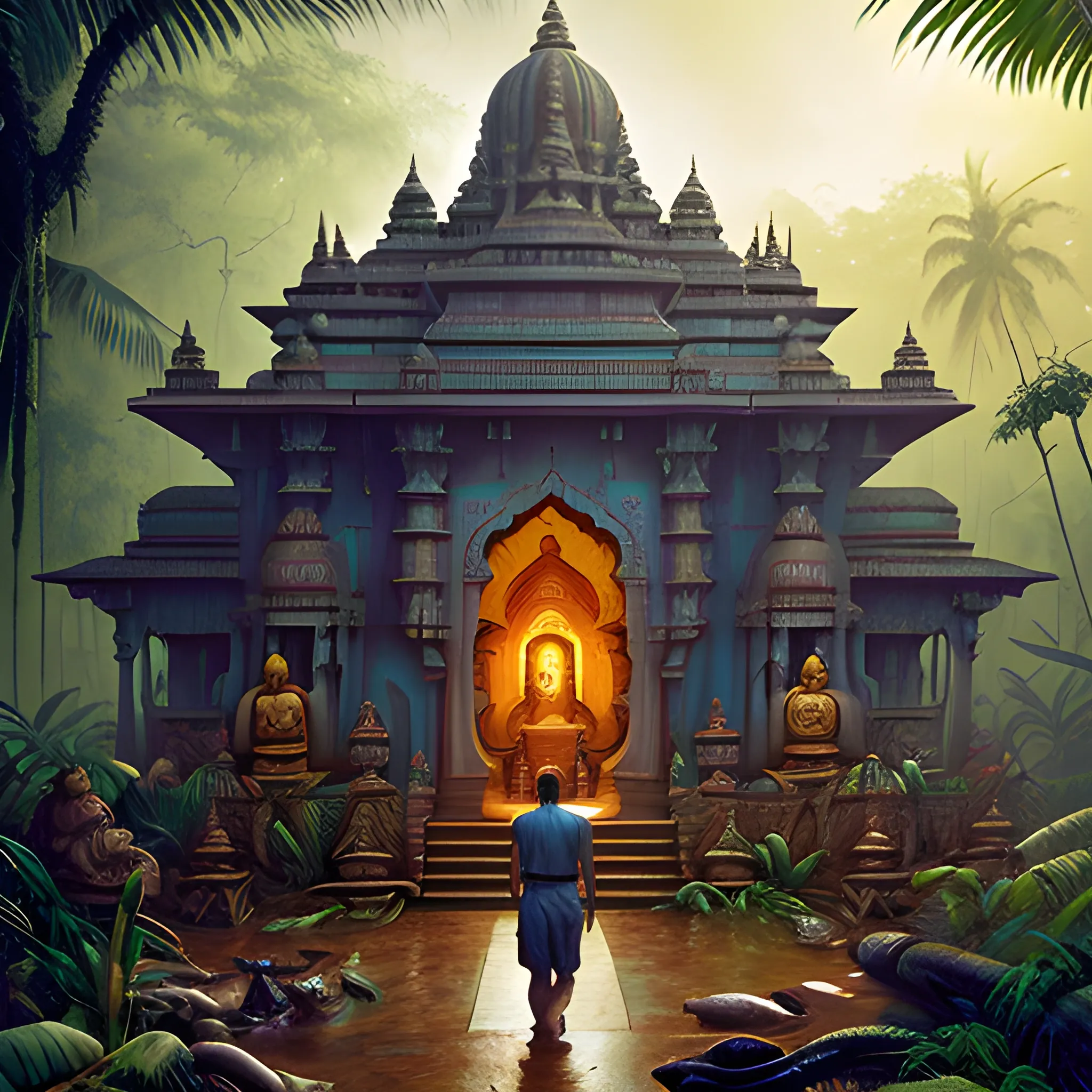 8 k concept art from a hindu temple lost in the jungle by david mattingly and samuel araya and michael whelan and dave mckean and richard corben. realistic matte painting with photorealistic hdr volumetric lighting. composition and layout inspired by gregory crewdson., Oil Painting