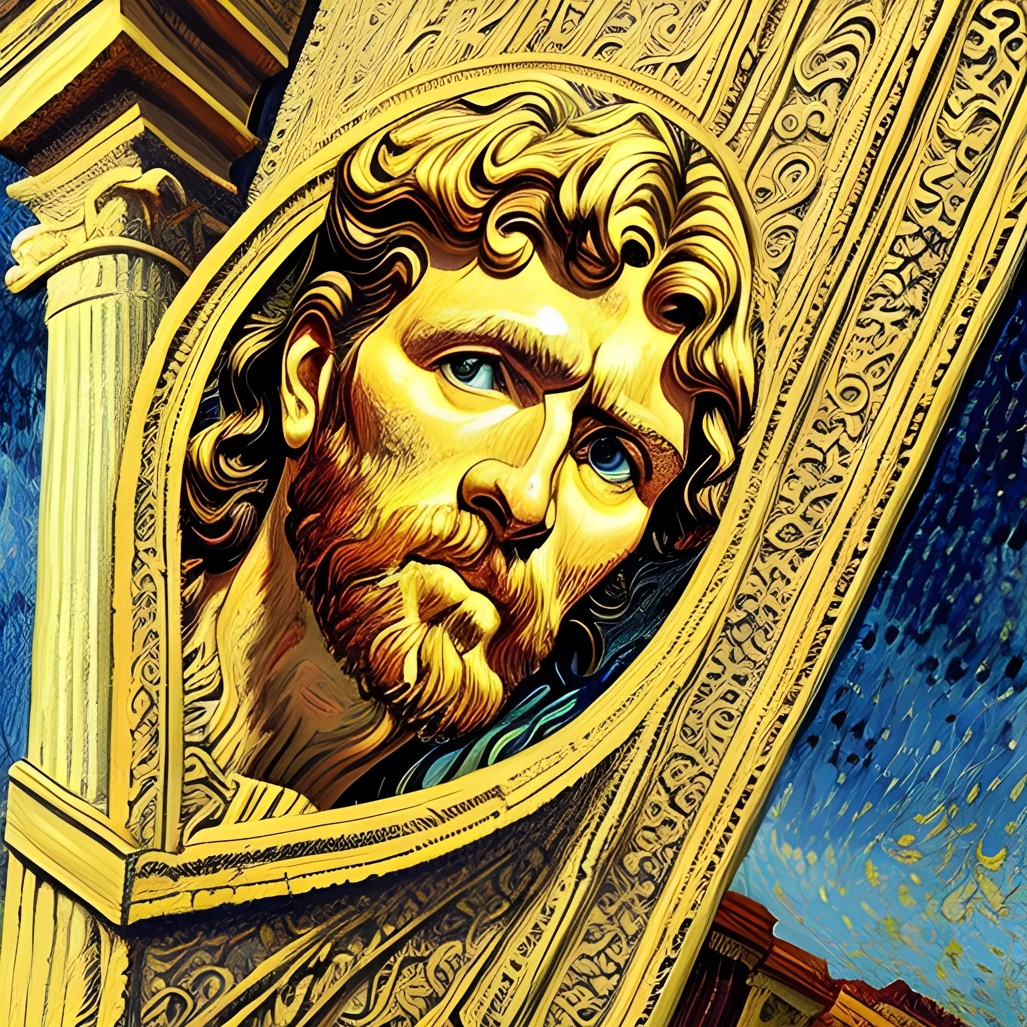 fine detailed pointillism painting + low-angle view, hyper-realistic, classical architecture, ancient greek hero Odysseus in the giant home of the enormous cyclops, greek interior vernacular architecture, colonne greche in degrado, art deco, expressive, rich jewel tones, radiating geometric patterns, Leon Bakst, Odilon Redon, Van Gogh, gold filigree line-art, impasto, white-on-white