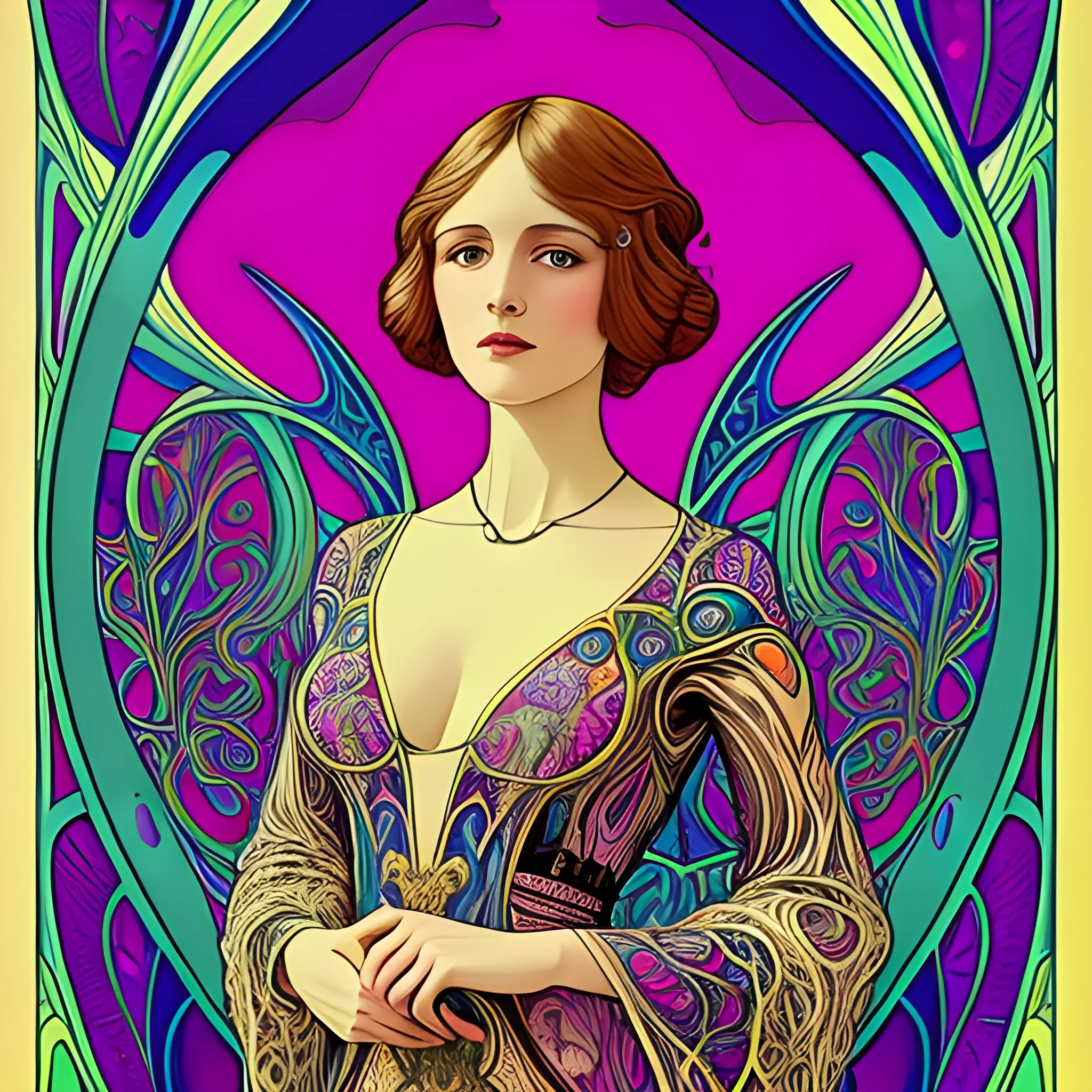 Art Nouveau painting, true aesthetics, stylish fashion shot of a beautiful woman posing in front of a psychedelic art nouveau style. Highly detailed, highest quality