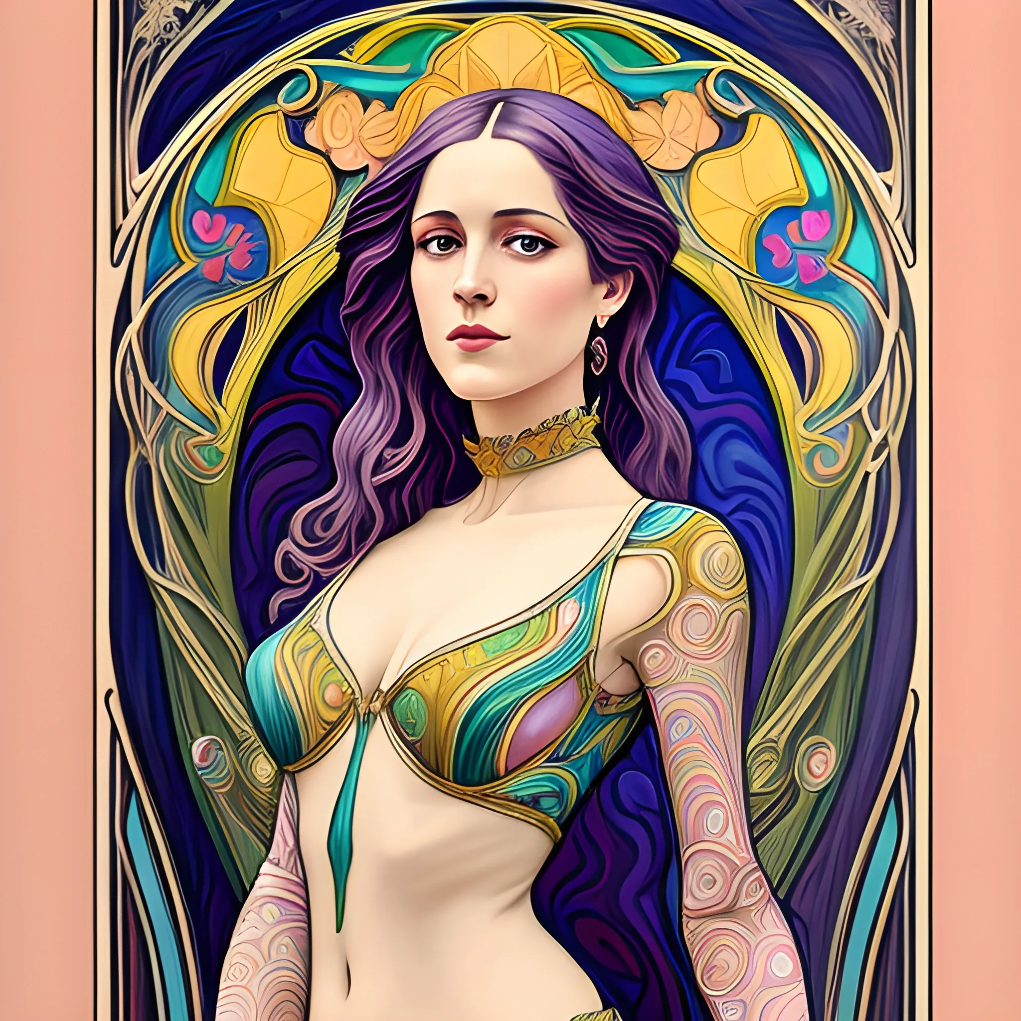 Art Nouveau painting, true aesthetics, stylish fashion shot of a beautiful woman posing in front of a psychedelic art nouveau style. Highly detailed, highest quality, Oil Painting, Pencil Sketch