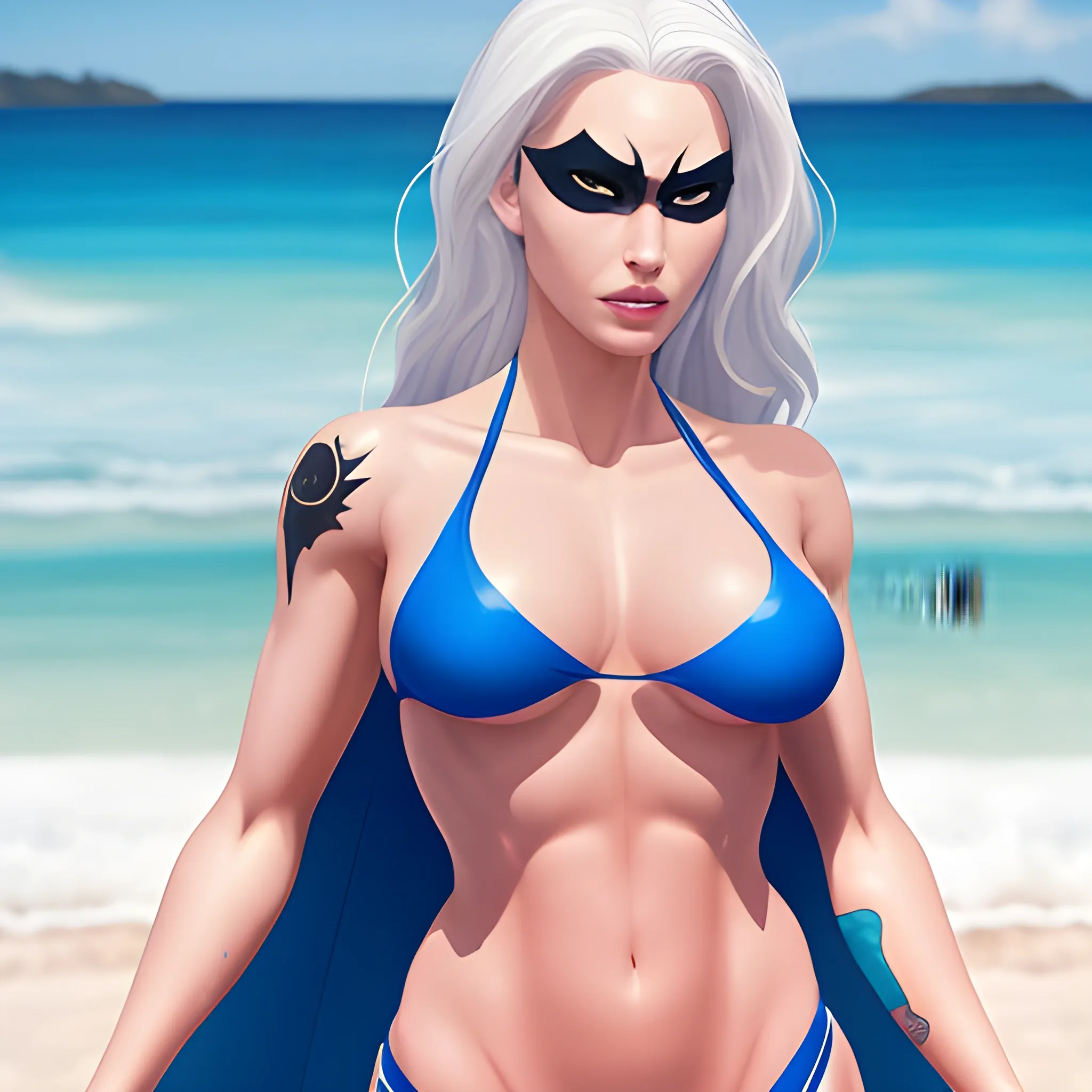 An white beautiful women in a blue thong bikini on a beach wiht  