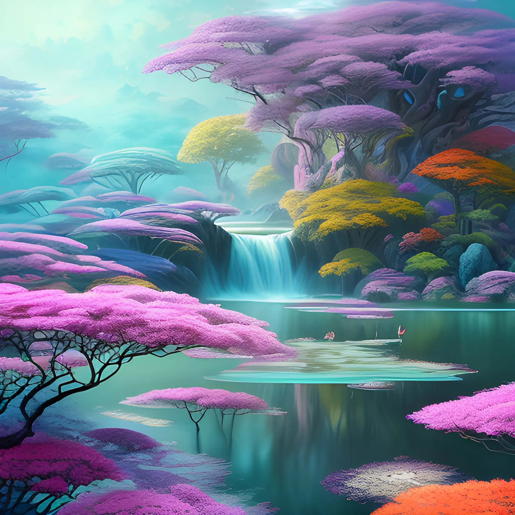 (by Ananta Mandal (and Andrew Biraj:0.5)), (in the style of nihonga), Style: Abstract, Medium: Digital illustration, Subject: An otherworldly landscape with floating islands, cascading waterfalls, and vibrant flora and fauna. Camera Angle: Overhead shot capturing the vastness and intricate details of the scene. The colors are saturated, and the lighting creates a warm and ethereal atmosphere. The painting is highly detailed, with every brushstroke capturing the complexity of the imaginary world., (high quality), (detailed), (masterpiece), (best quality), (highres), (extremely detailed), (8k)
