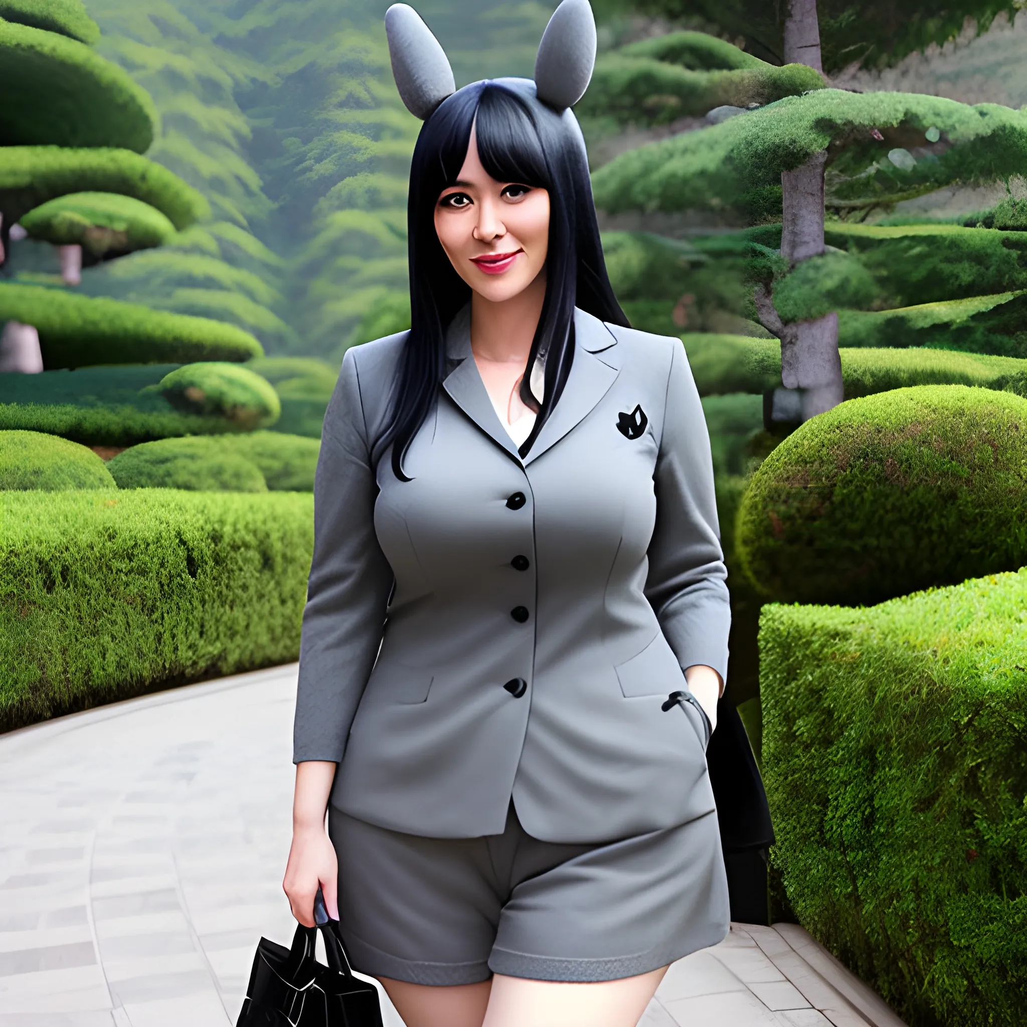 Teenage Girl, thin and with black hair wearing a gray totoro suit