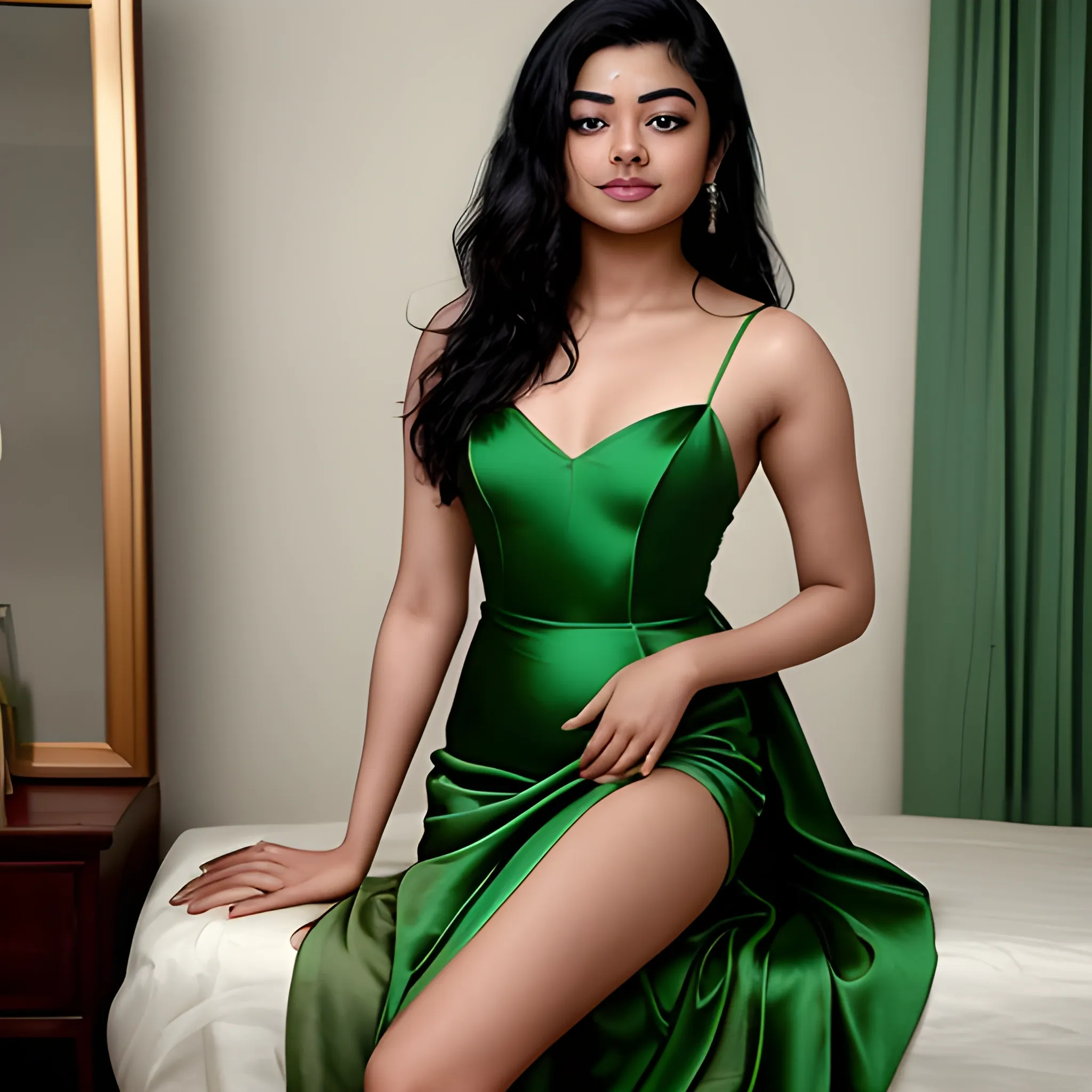 Rashmika wearing a Green Satin slip dress posing for camera