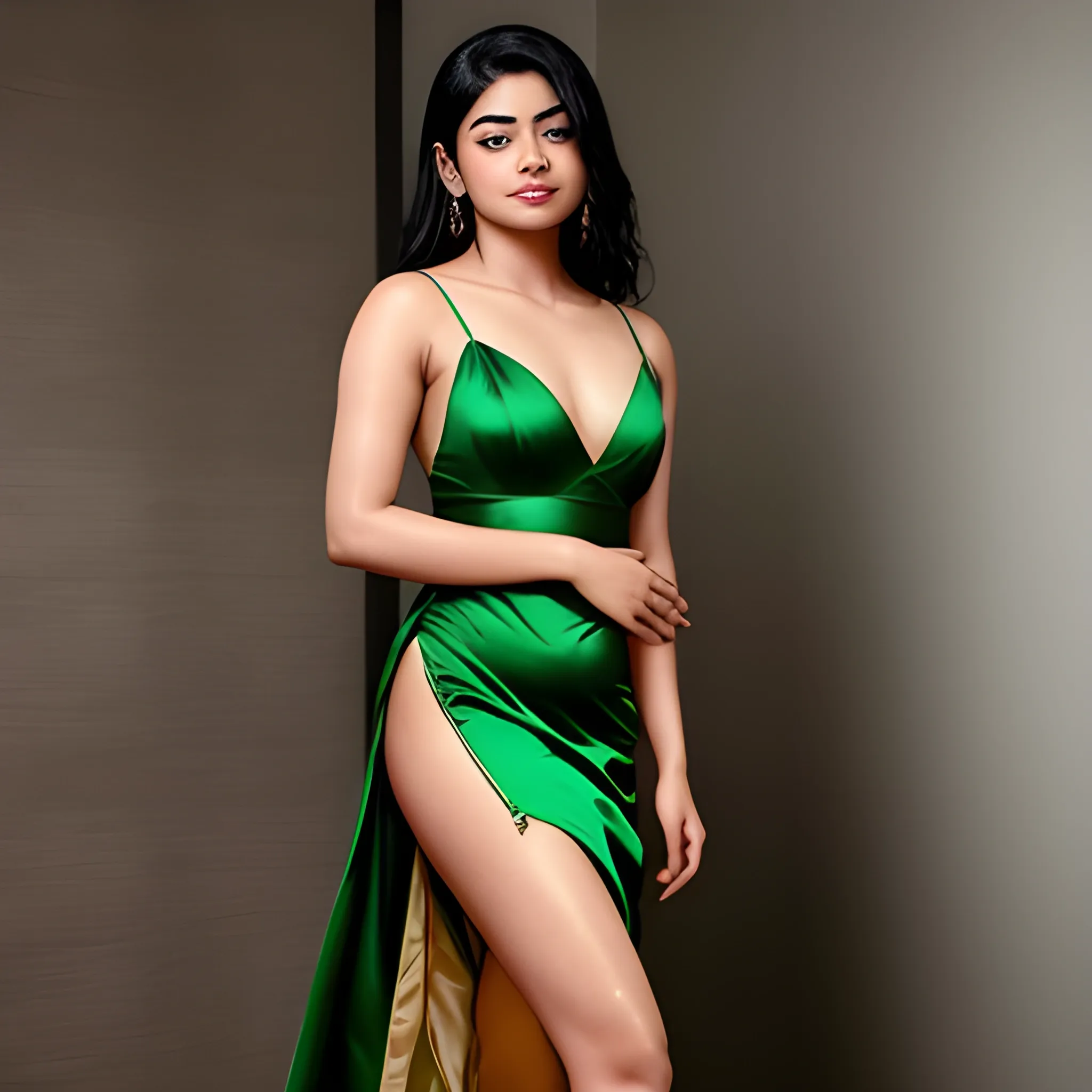 Rashmika wearing a Green Satin slip dress posing for camera