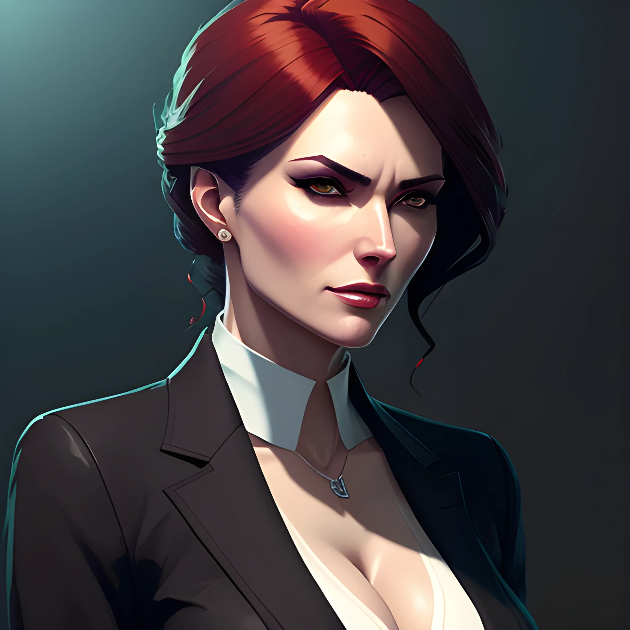 valorant style, girl wearing an open blazer, portrait, cell shaded, 4 k, concept art, by ilya kuvshinov, krenz cushart, greg rutkowski, pixiv. dramatic atmosphere, sharp focus