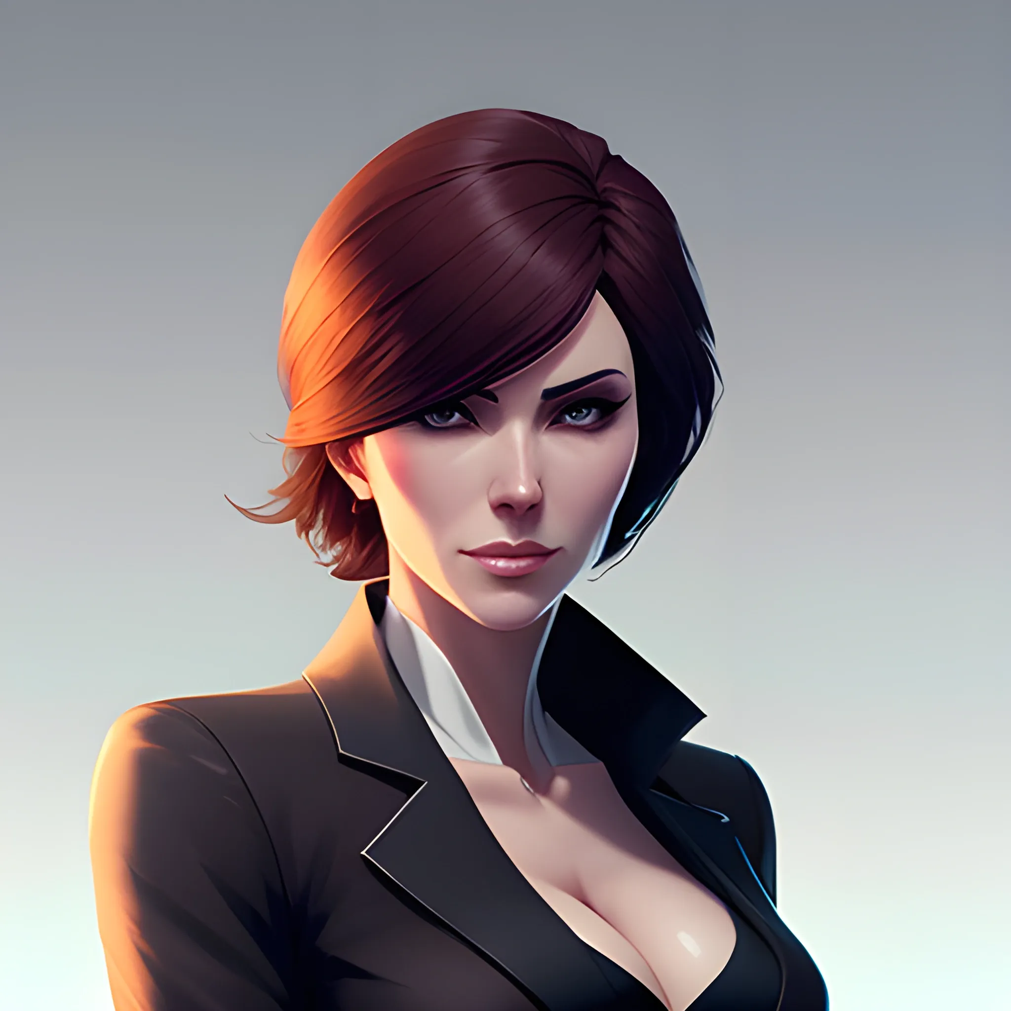 valorant style, girl wearing an open blazer, portrait, cell shaded, 4 k, concept art, by ilya kuvshinov, krenz cushart, greg rutkowski, pixiv. dramatic atmosphere, sharp focus