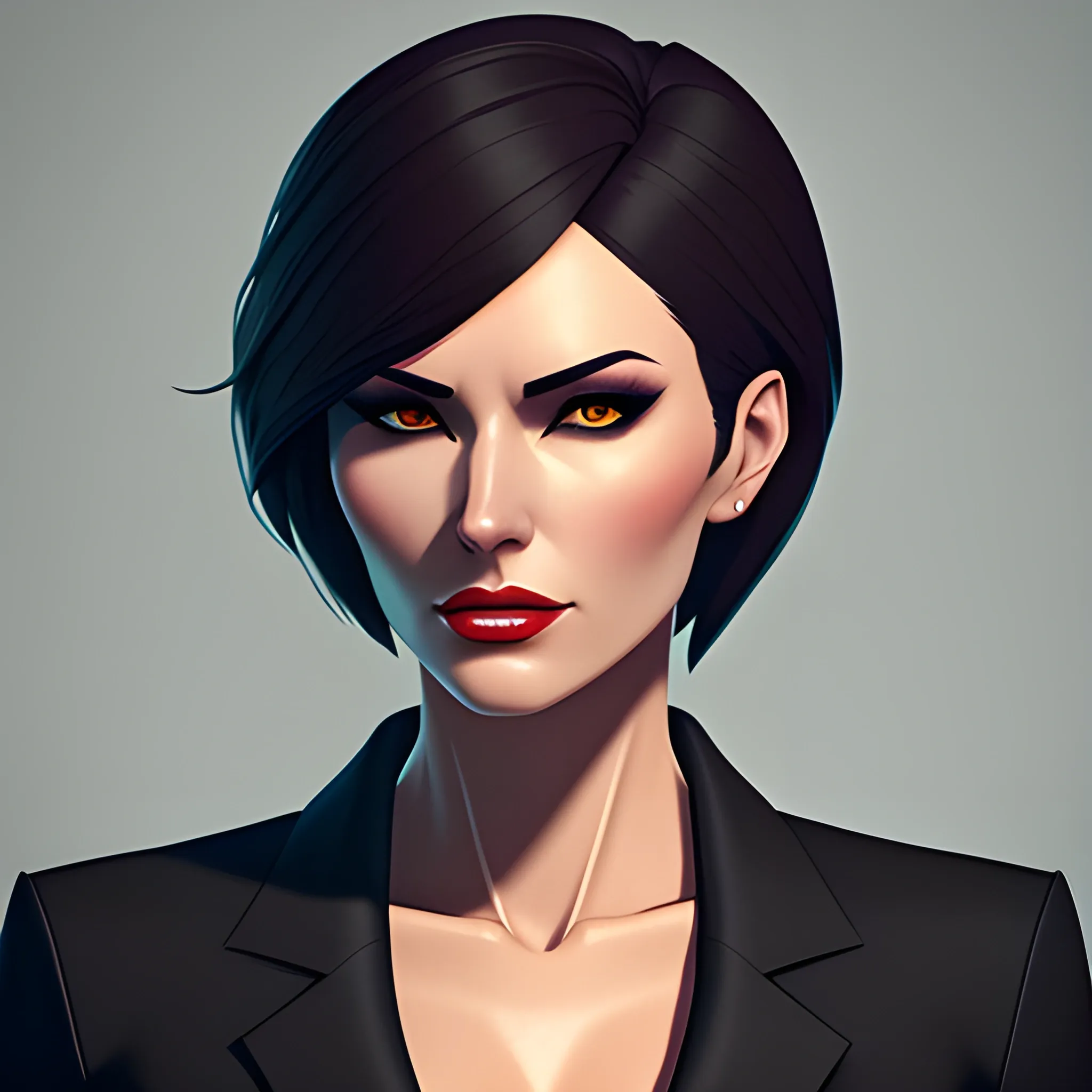 valorant style, girl wearing an open blazer, portrait, cell shaded, 4 k, concept art, by ilya kuvshinov, sam yang. dramatic atmosphere, sharp focus,