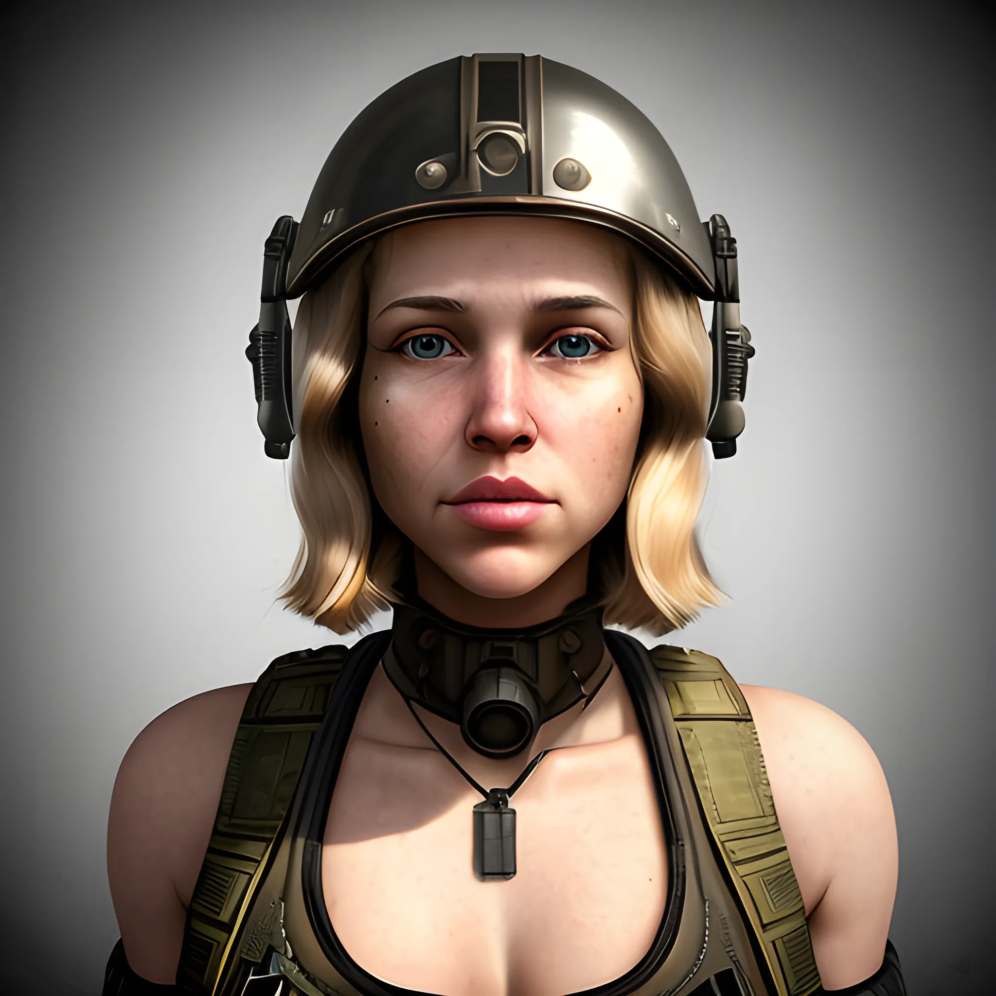 In the style of fallout 1, (masterpiece), (portrait photography), (portrait of a Caucasian female), no makeup, flat chested, white sports bra, dogtags, long hair, blond hair, brown eyes, full lips, round face, round nose, plump cheeks, black Bulletproof vest, F-35 Jet Fighter Helmet