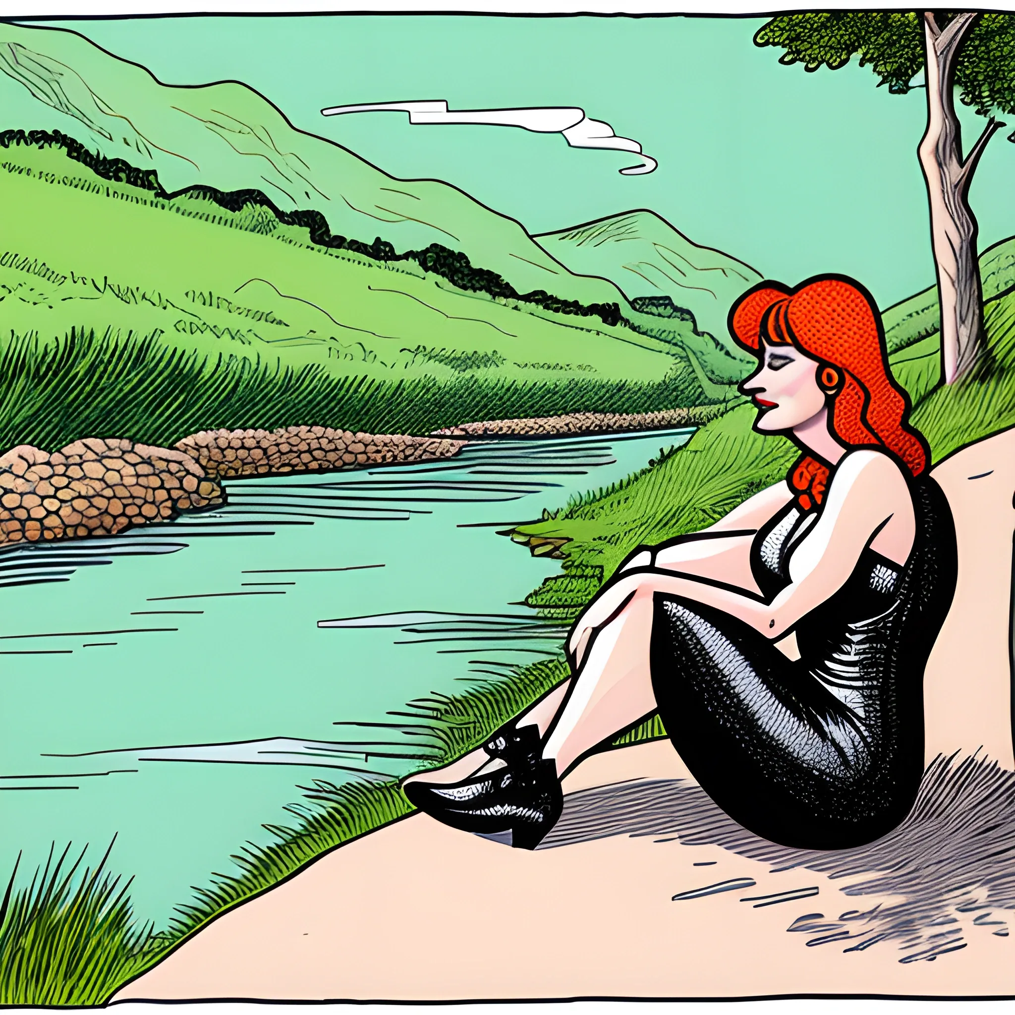 A girl is sitting on the bank of the river, Cartoon