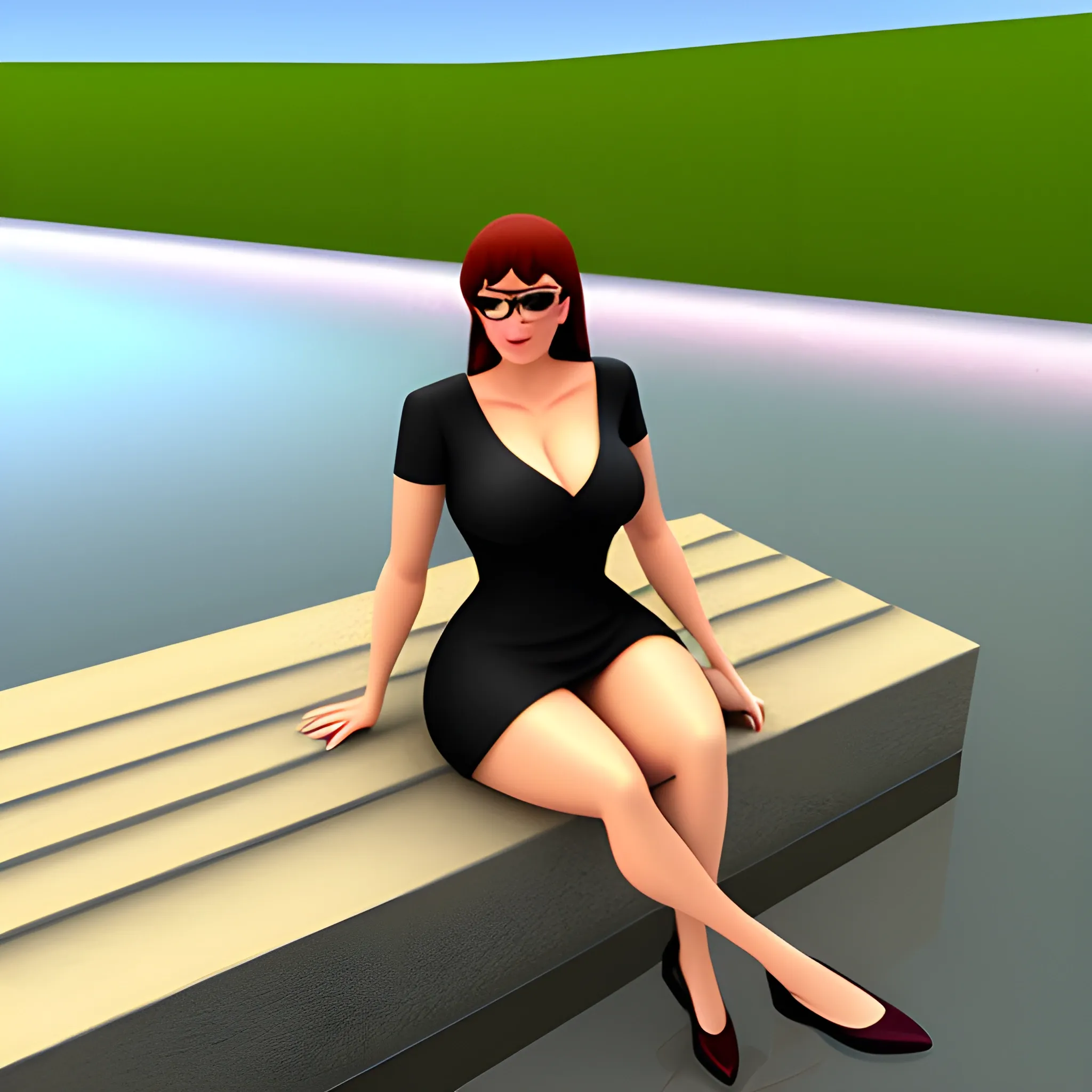 A girl is sitting on the bank of the river, Cartoon, 3D