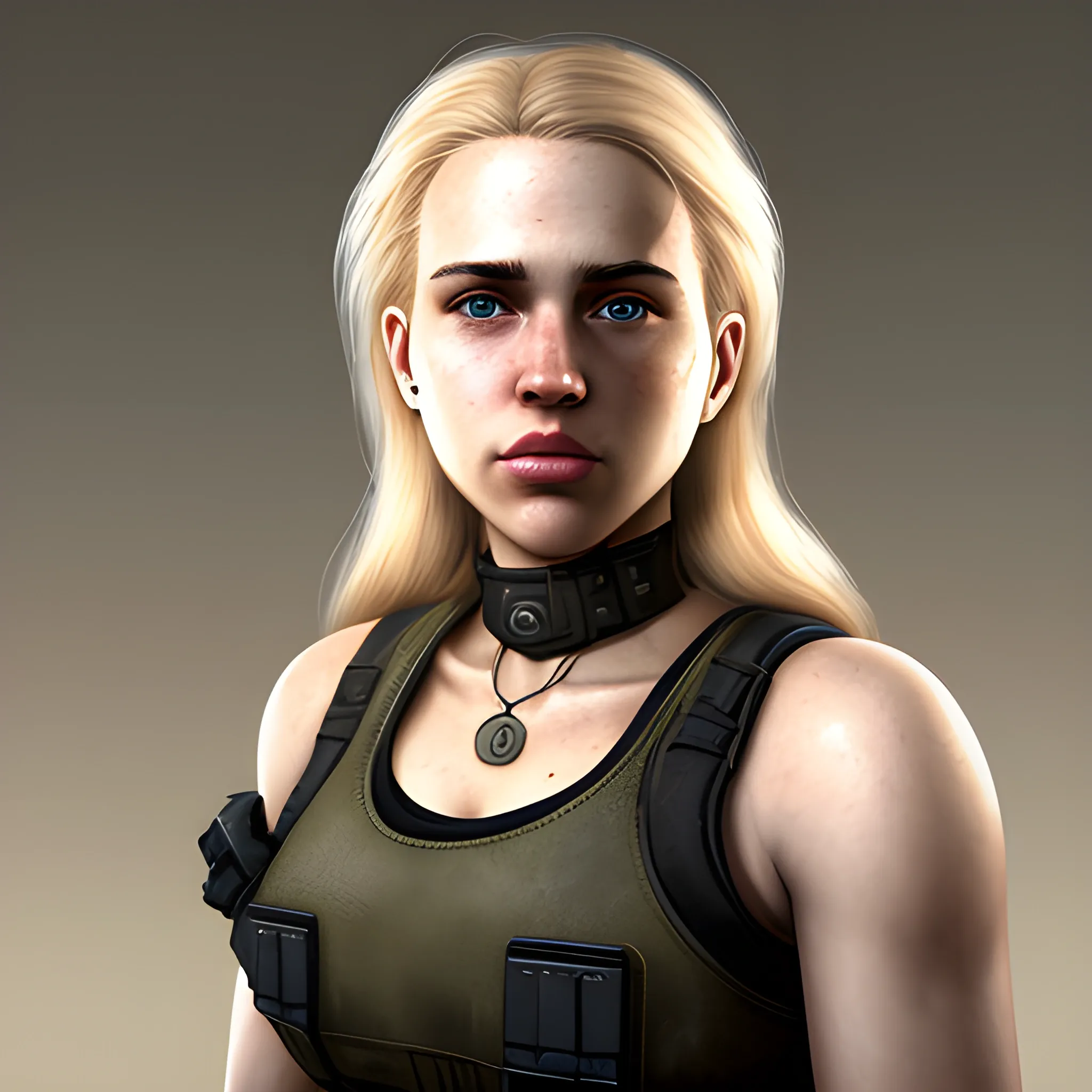 In the style of fallout 1, (masterpiece), (portrait photography), (portrait of a Caucasian female), no makeup, flat chested, white sports bra, dogtags, long hair, blond hair, brown eyes, full lips, round face, round nose, plump cheeks, black Bulletproof vest