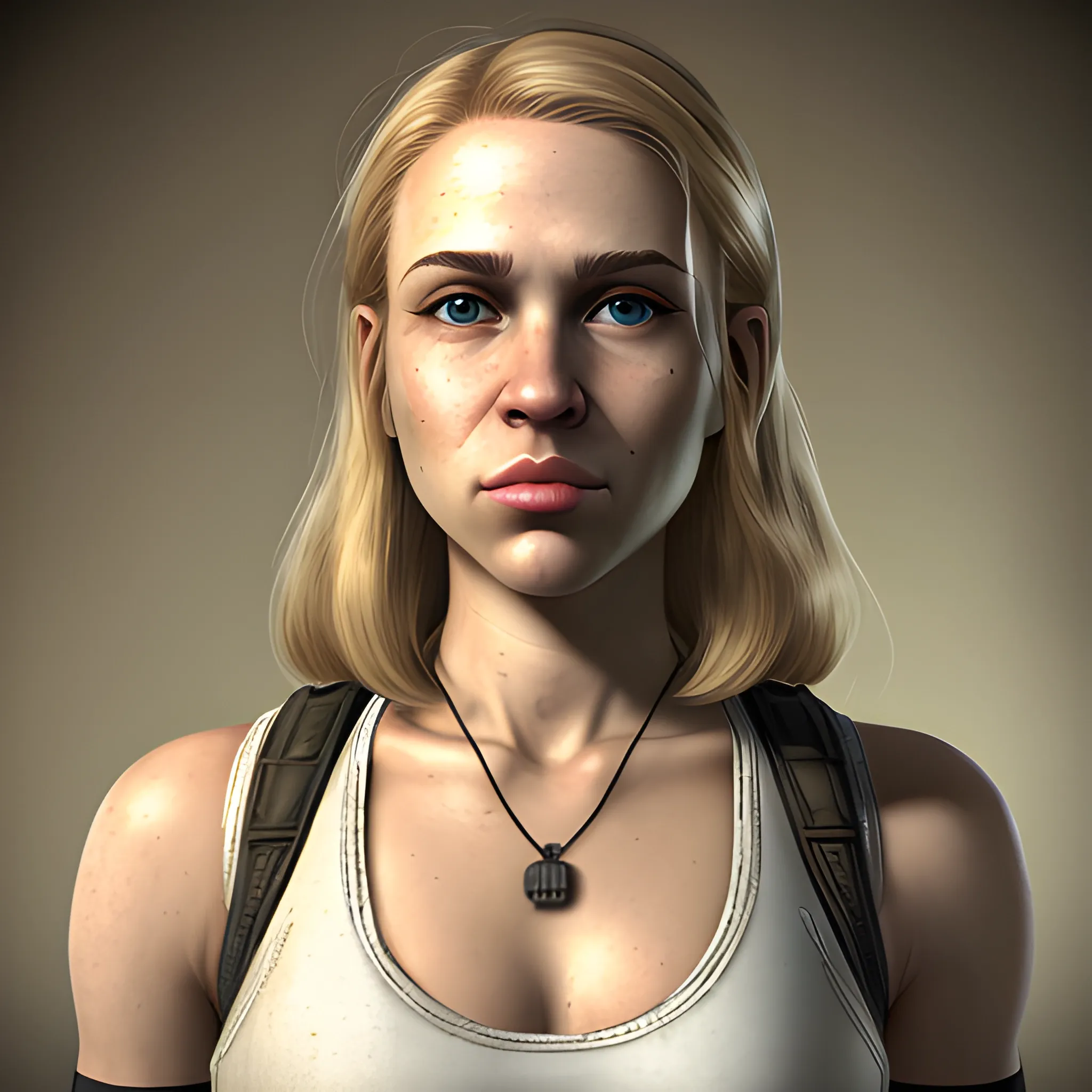 In the style of fallout 1, (masterpiece), (portrait photography), (portrait of a Caucasian female), no makeup, flat chested, white sports bra, dogtags, long hair, blond hair, brown eyes, full lips, round face, round nose, plump cheeks, black Bulletproof vest