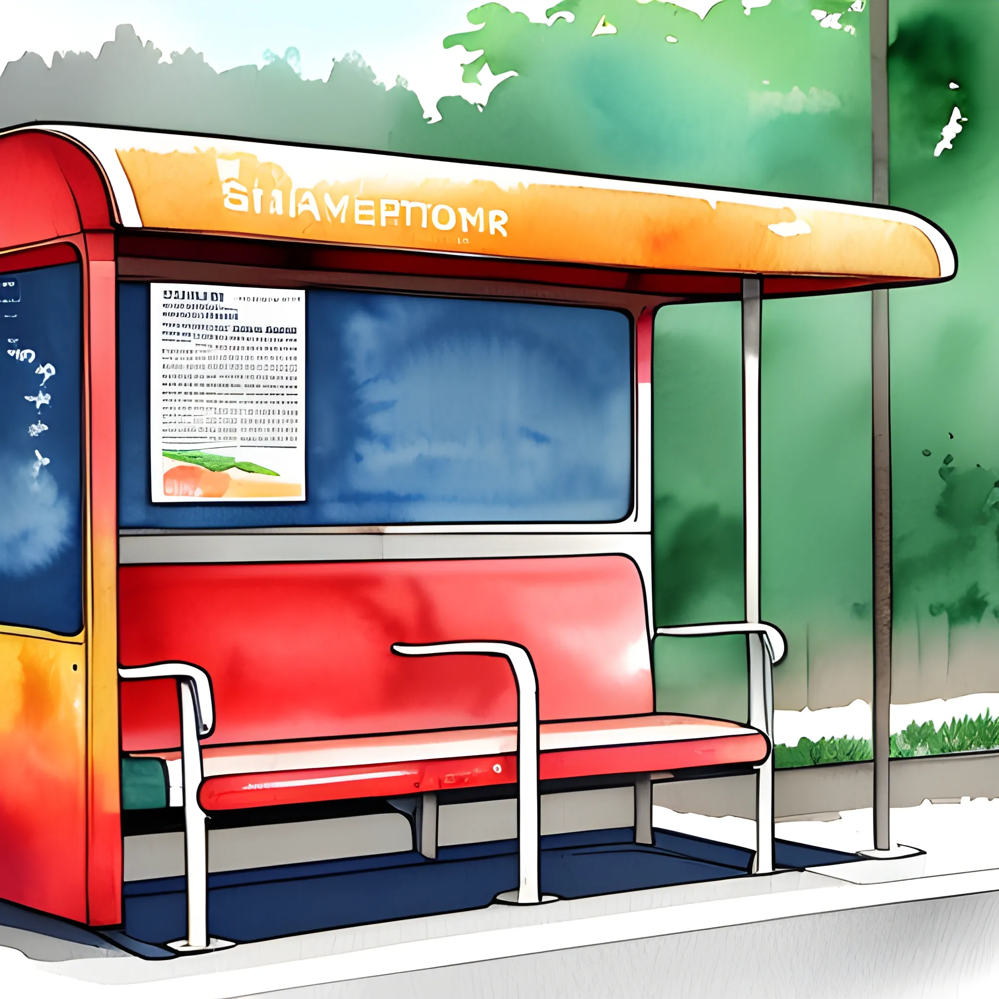 Create a watercolor illustration showcasing the seat of a bus stop, excluding any individuals