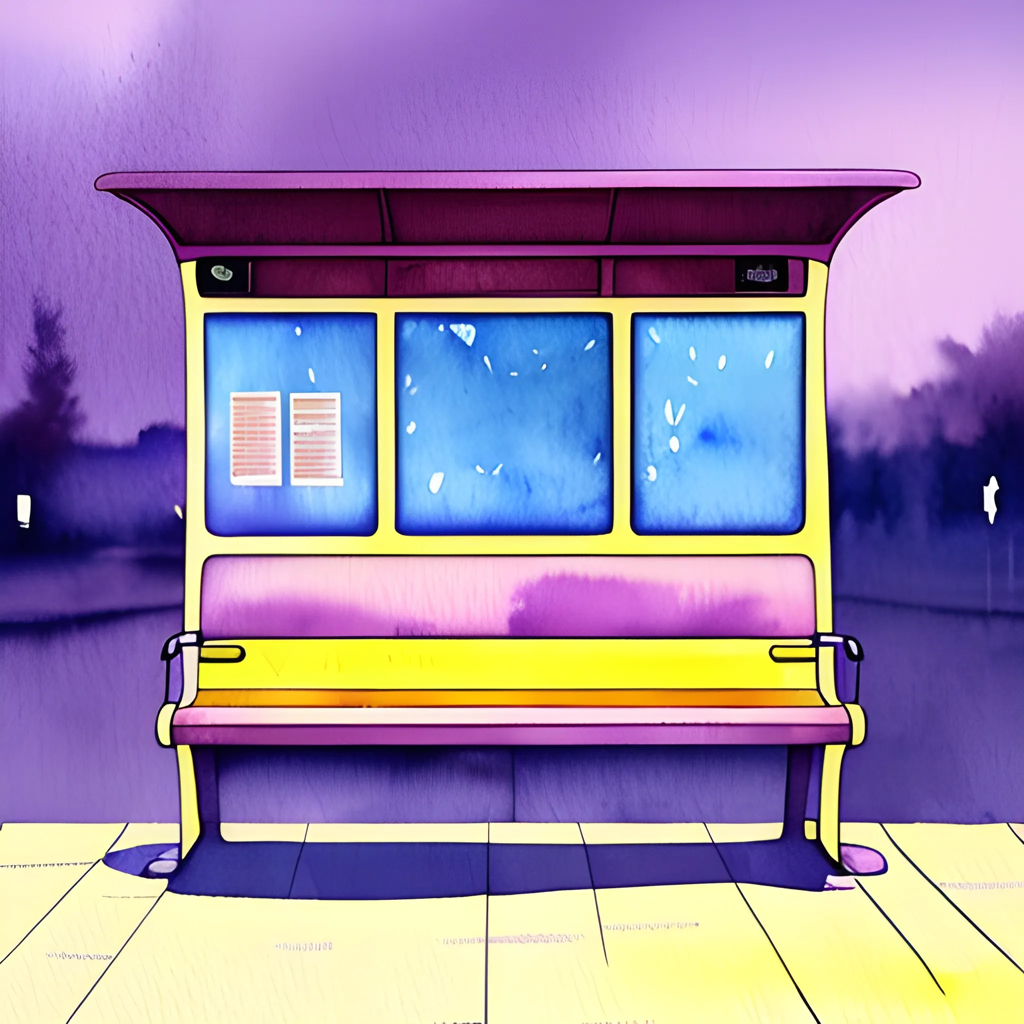 Create a watercolor illustration depicting the front view of a bus stop seat, not in profile or perspective, it must be a direct front view, with violet hues and a gentle rain, excluding individuals, and capturing the appearance of dusk