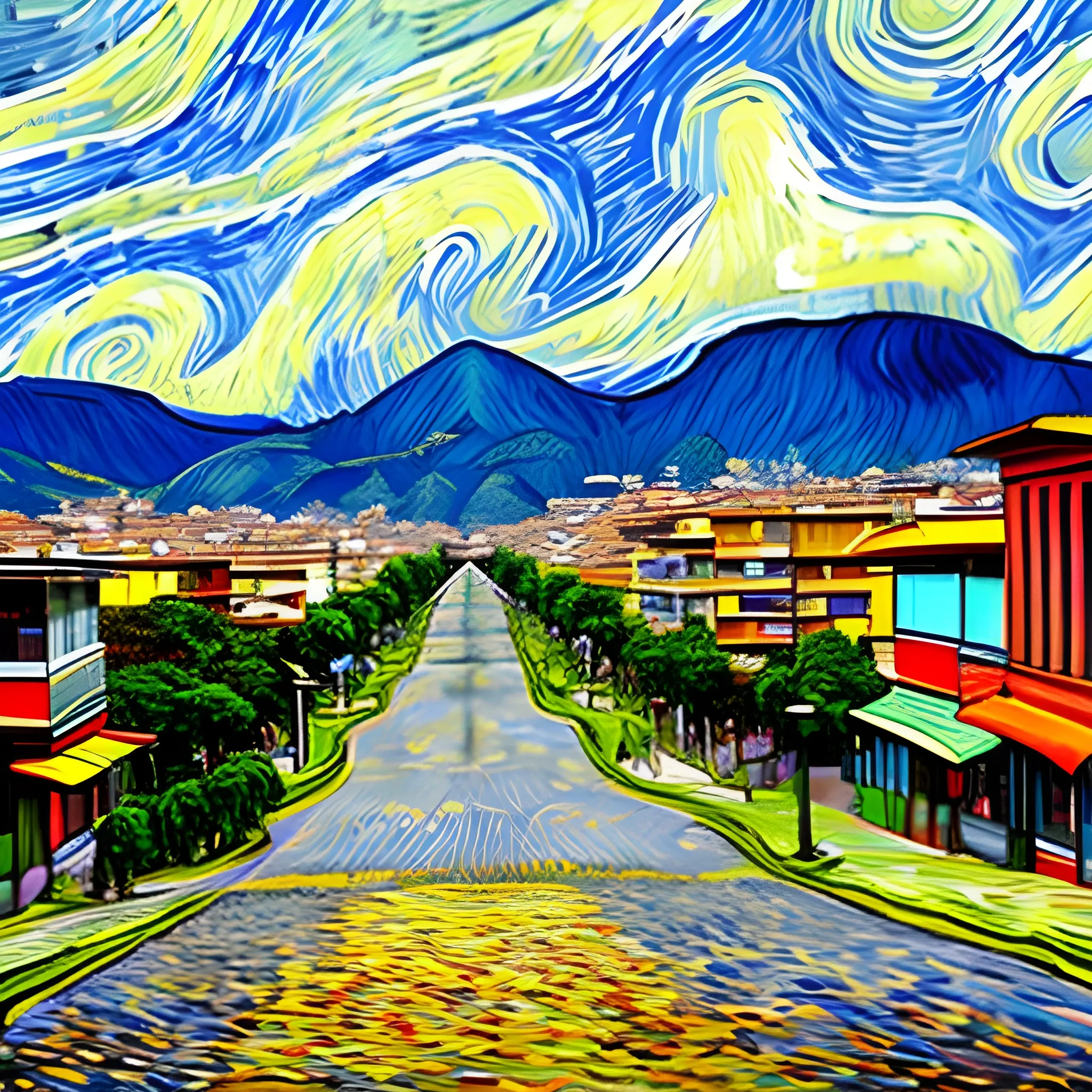 Bogotá street landscape rendered in Van Gogh style 