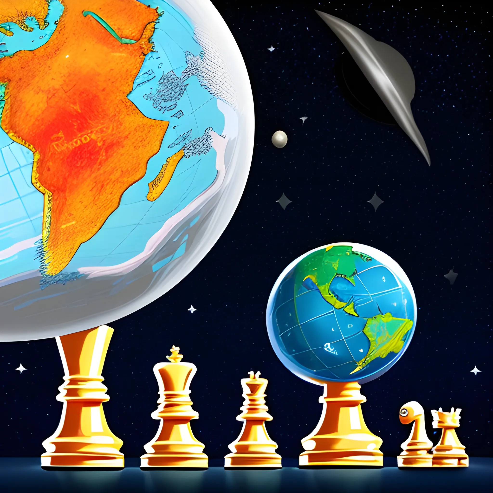 chess pieces around earth globe asteroida in background astronomical vivid colors, illustration style, cartoon style