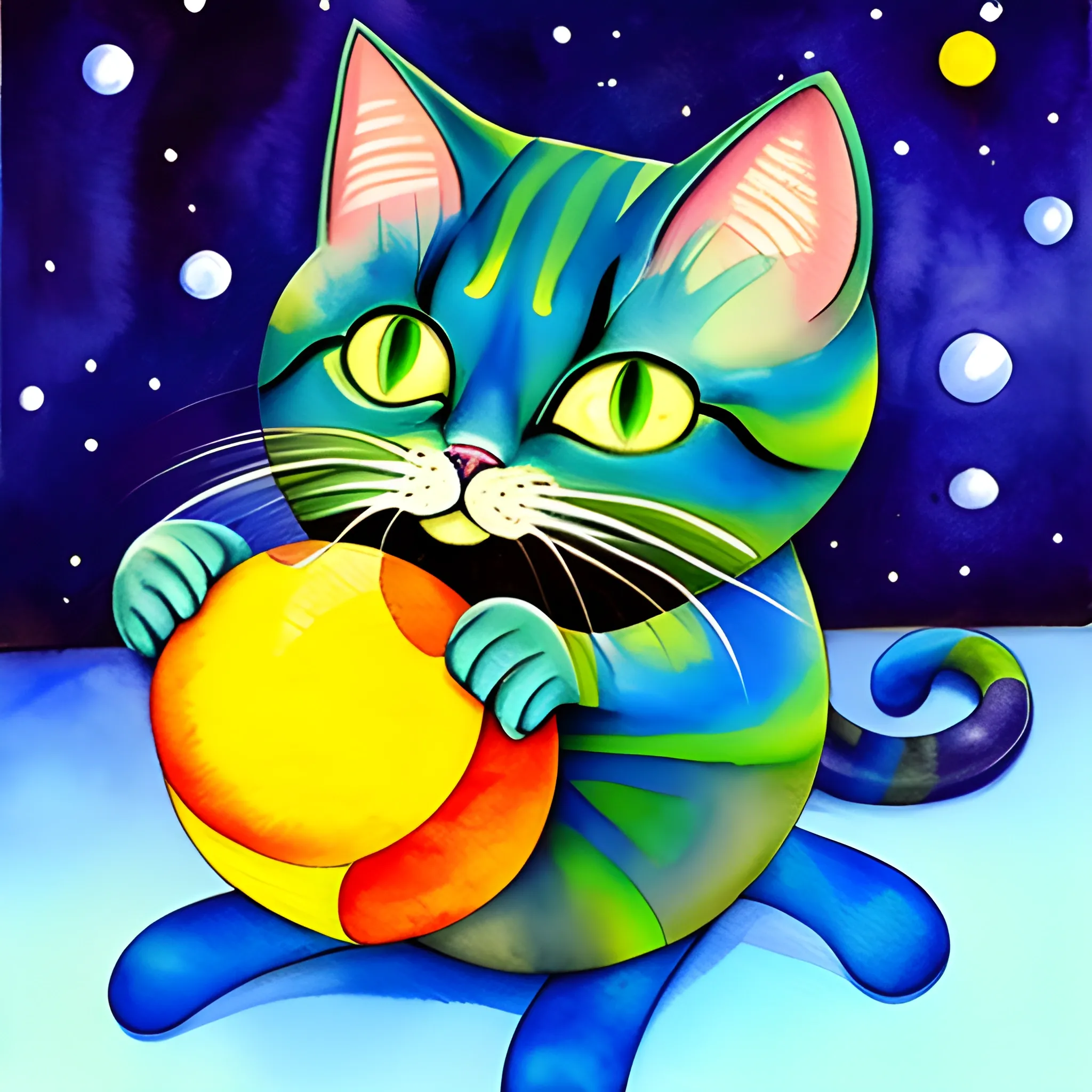 stiker gato jugando con una pelota, , Water Color, Oil Painting, Cartoon, Trippy, Trippy