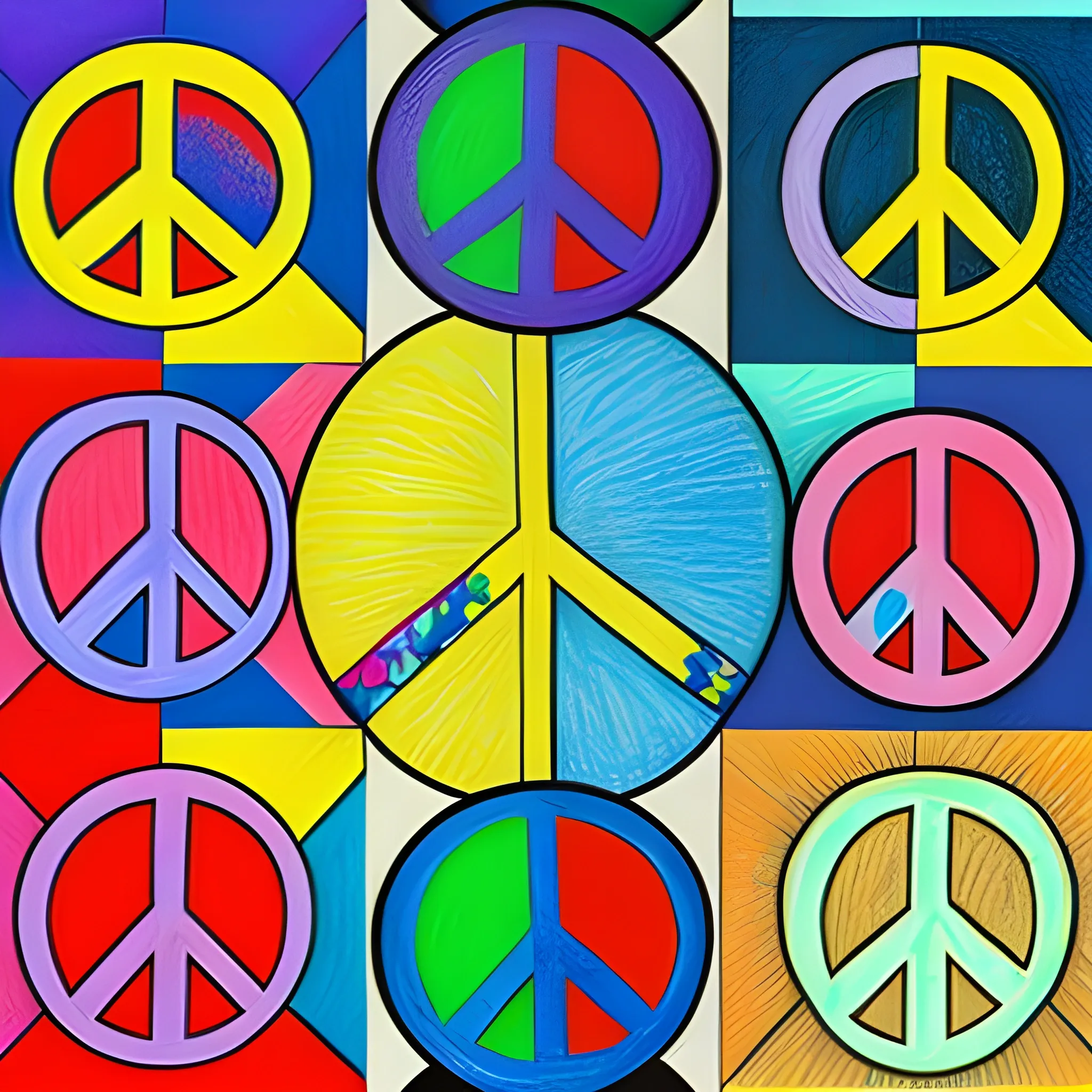 collage of colorful peace signs, colored pencil, ultra detailed