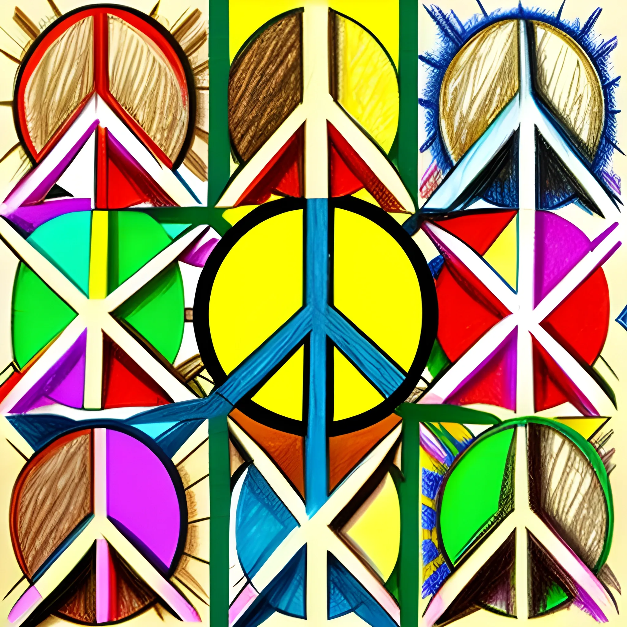 collage of colorful peace signs, colored pencil, ultra detailed, Pencil Sketch