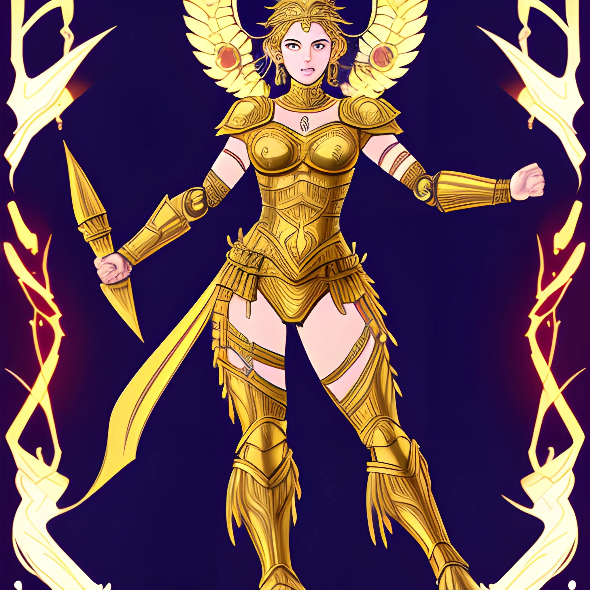 female, in the style of energy-filled illustrations, greek goddess, mythic, adamantium armor