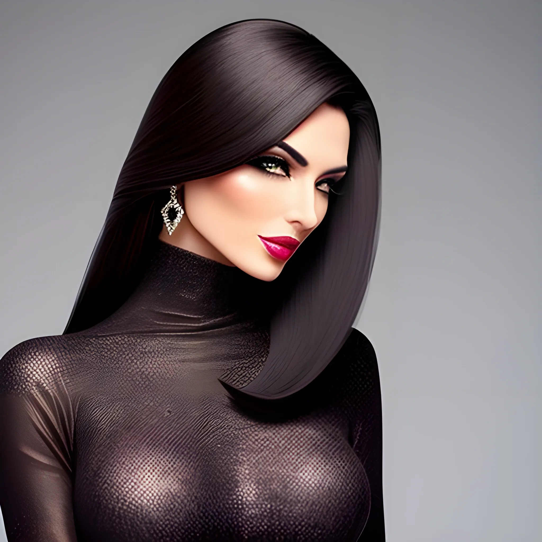 Beautiful girl in dynamic pose, dark straight hair with side comb, luxurious makeup, luxurious knitwear, luxurious diamonds,