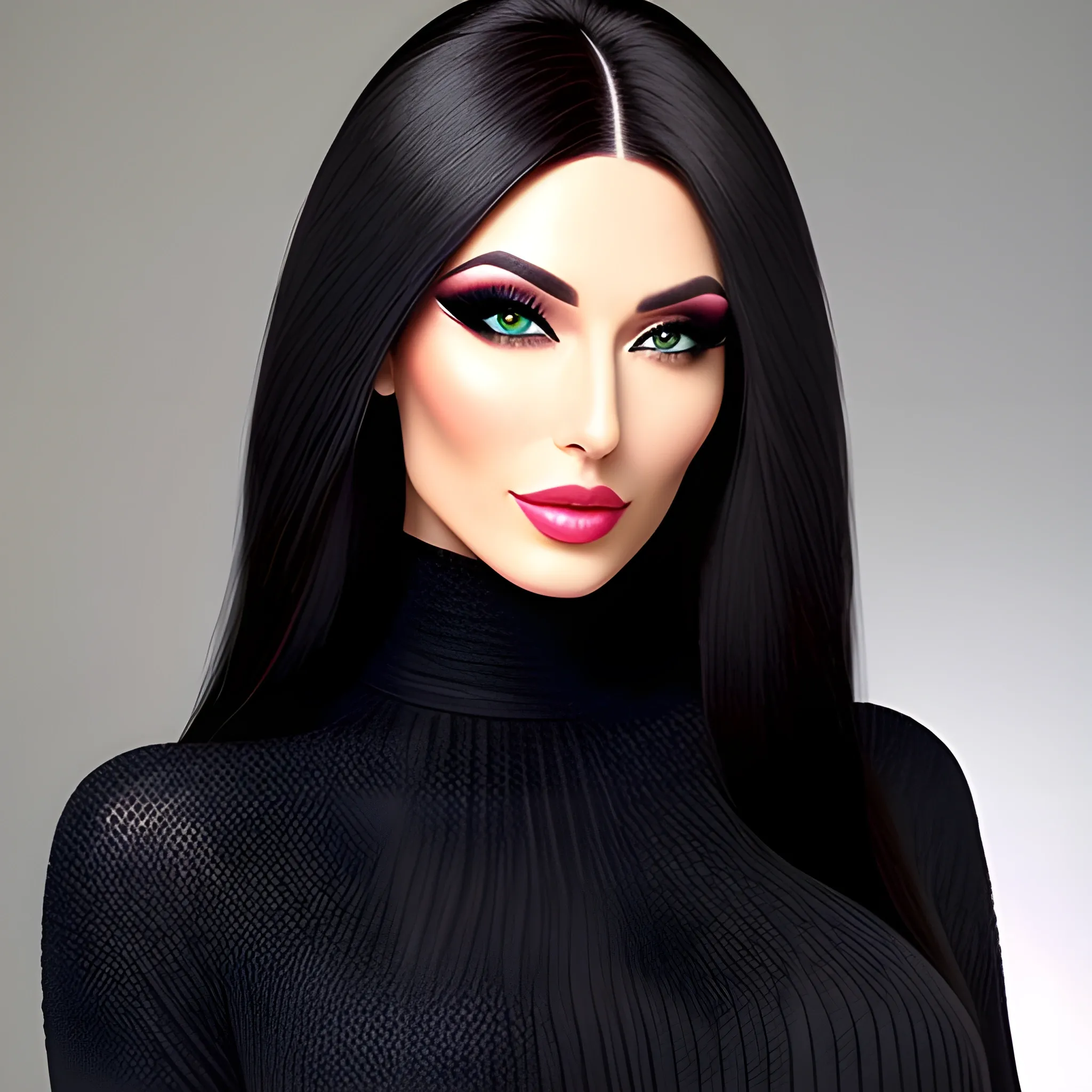 Beautiful girl in dynamic pose, dark straight hair with side comb, luxurious makeup, luxurious knitwear, luxurious diamonds,