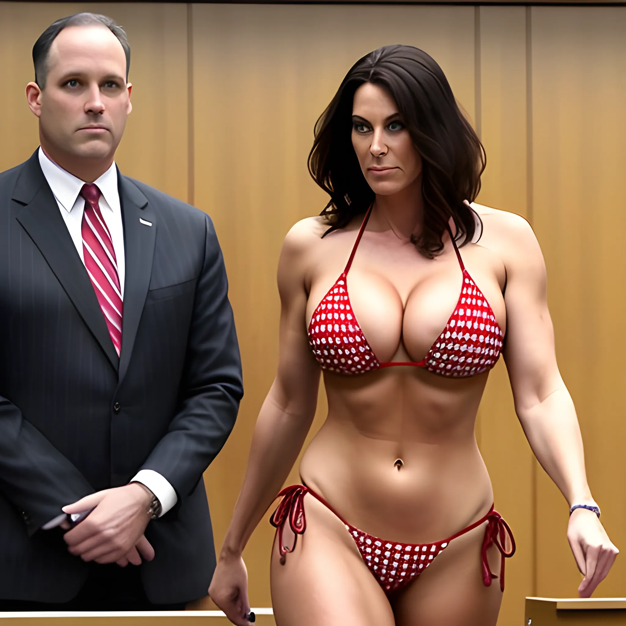 Catgirl in a bikini full length photo with an american boy in courtroom

