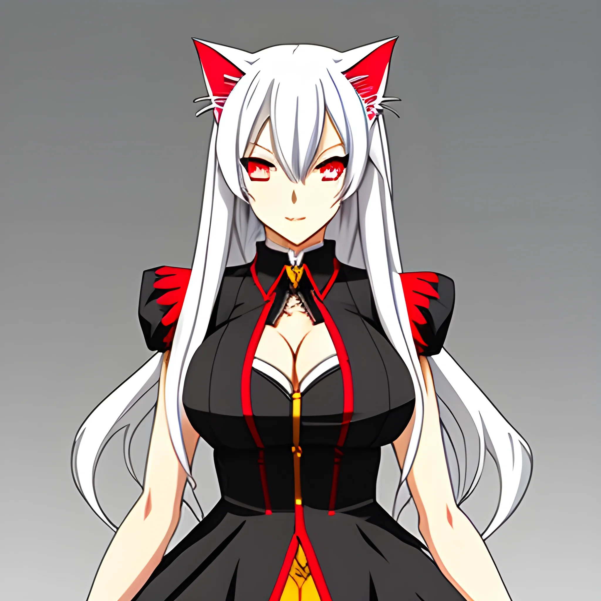 An anime cat girl who looks in her mid 20's, with long white hai 