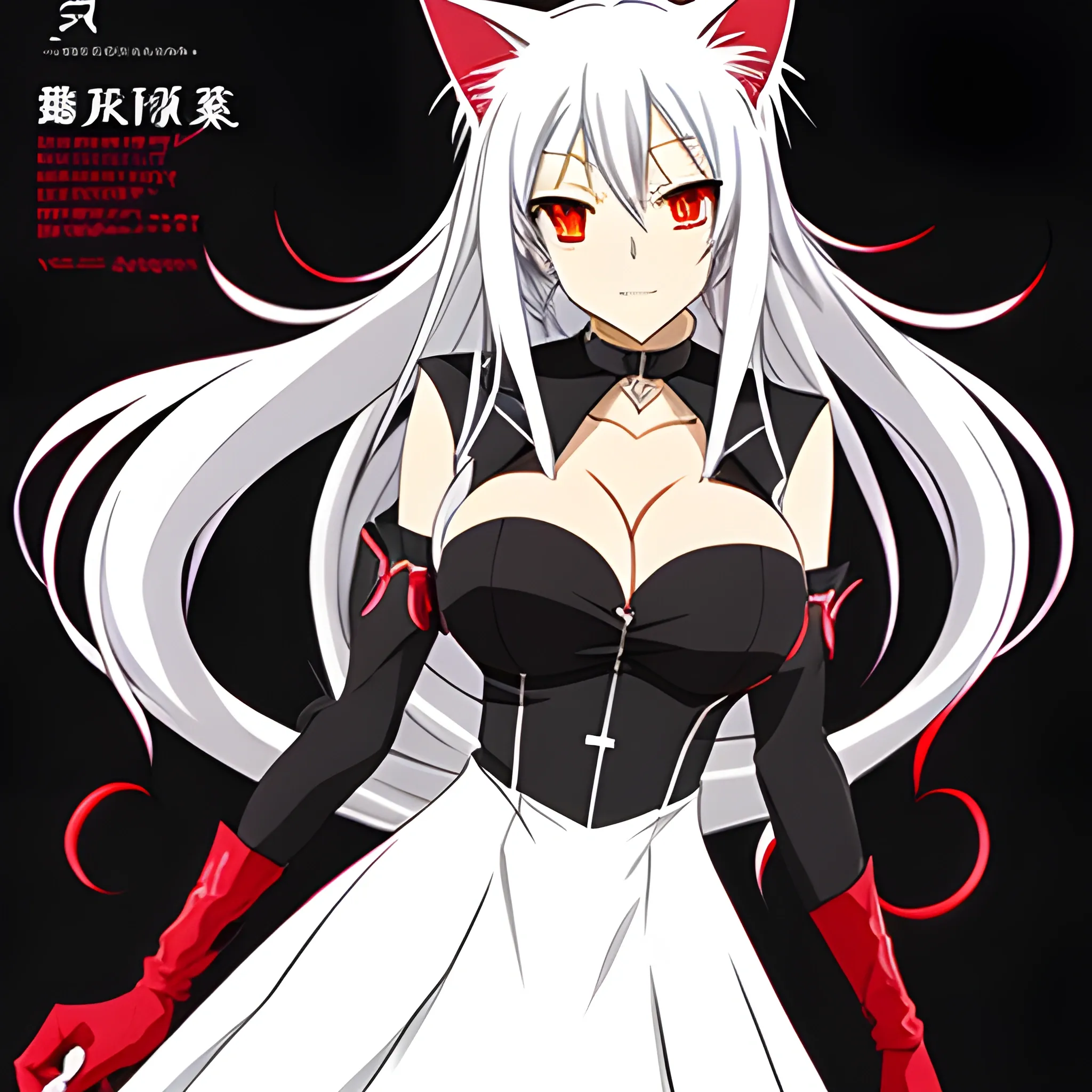 An anime cat girl with long white hair, red eyes, and a black co 