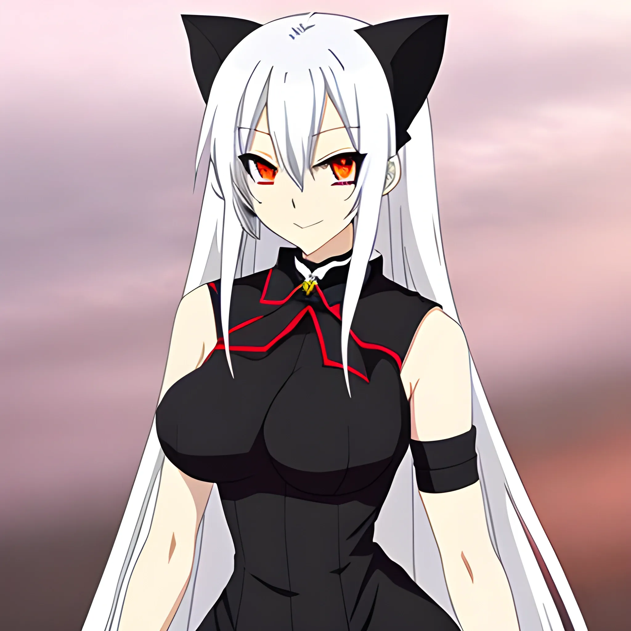 An anime cat girl with long white hair, red eyes, and a black collar. Wearing an elegant white dress.