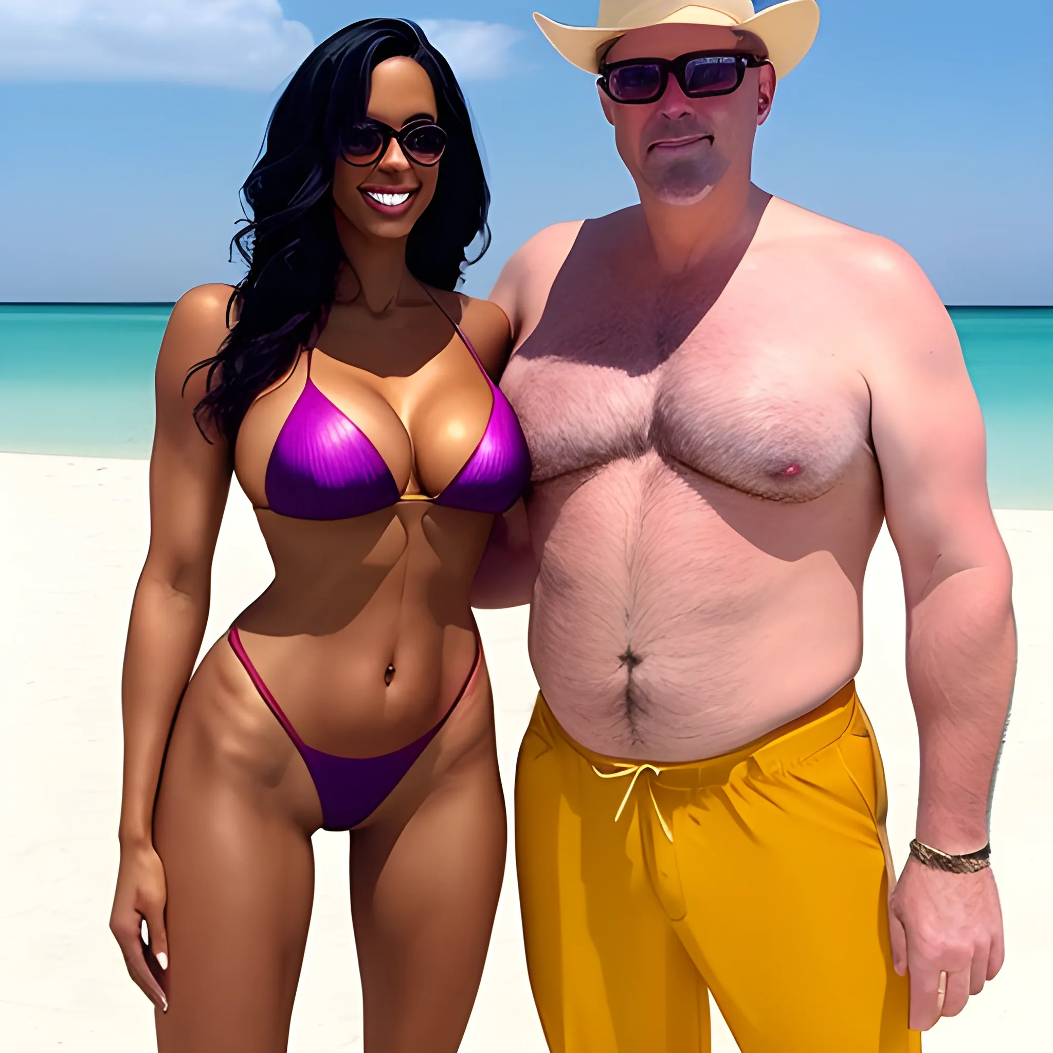 Catgirl in a golden bikini full length photo with an american boy a realistic photo


