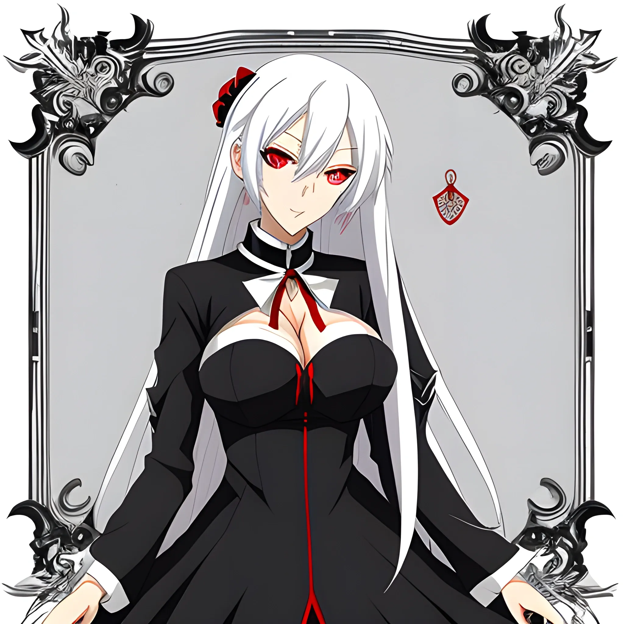 An anime girl who looks in her mid 20's, with long white hair, red eyes, and a black collar with a padlock on the front of it. Wearing an elegant white dress.