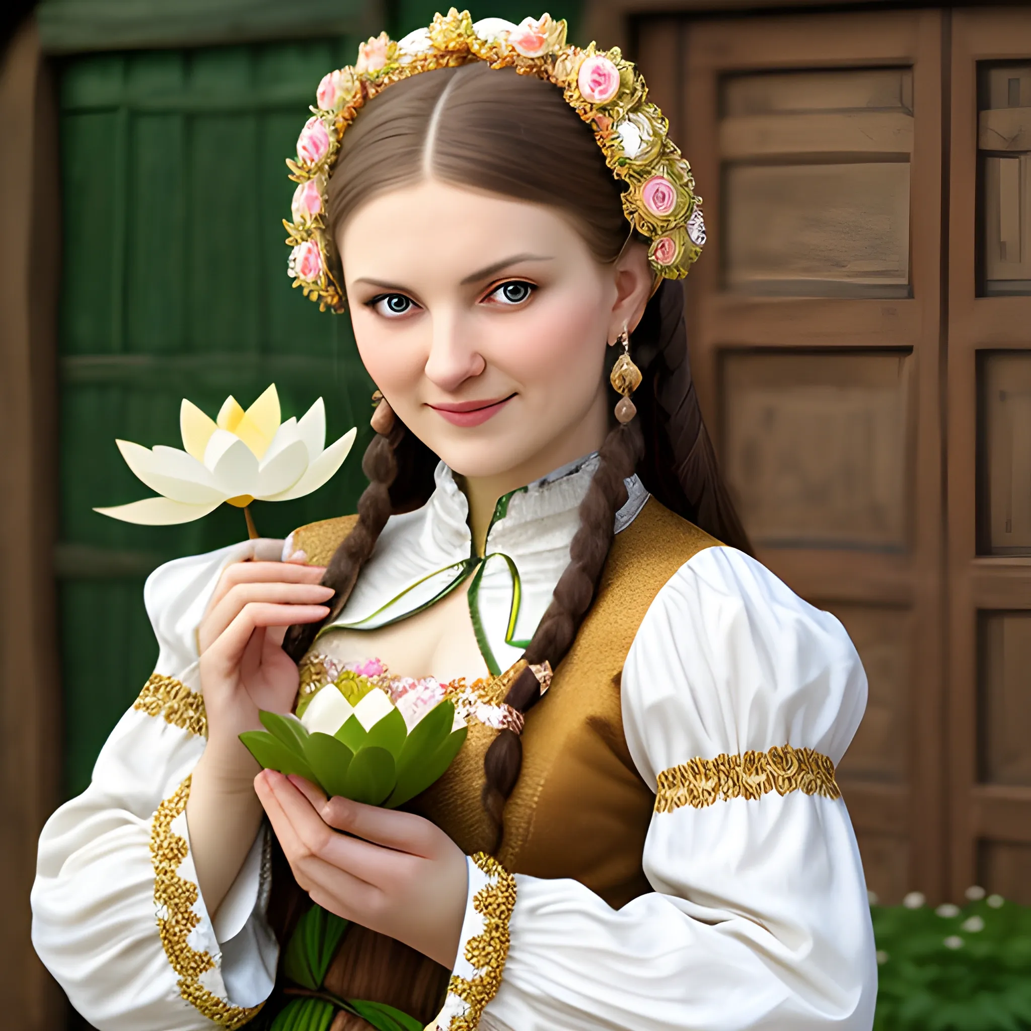 A woman in slavic folk costume holds a lotus in hands