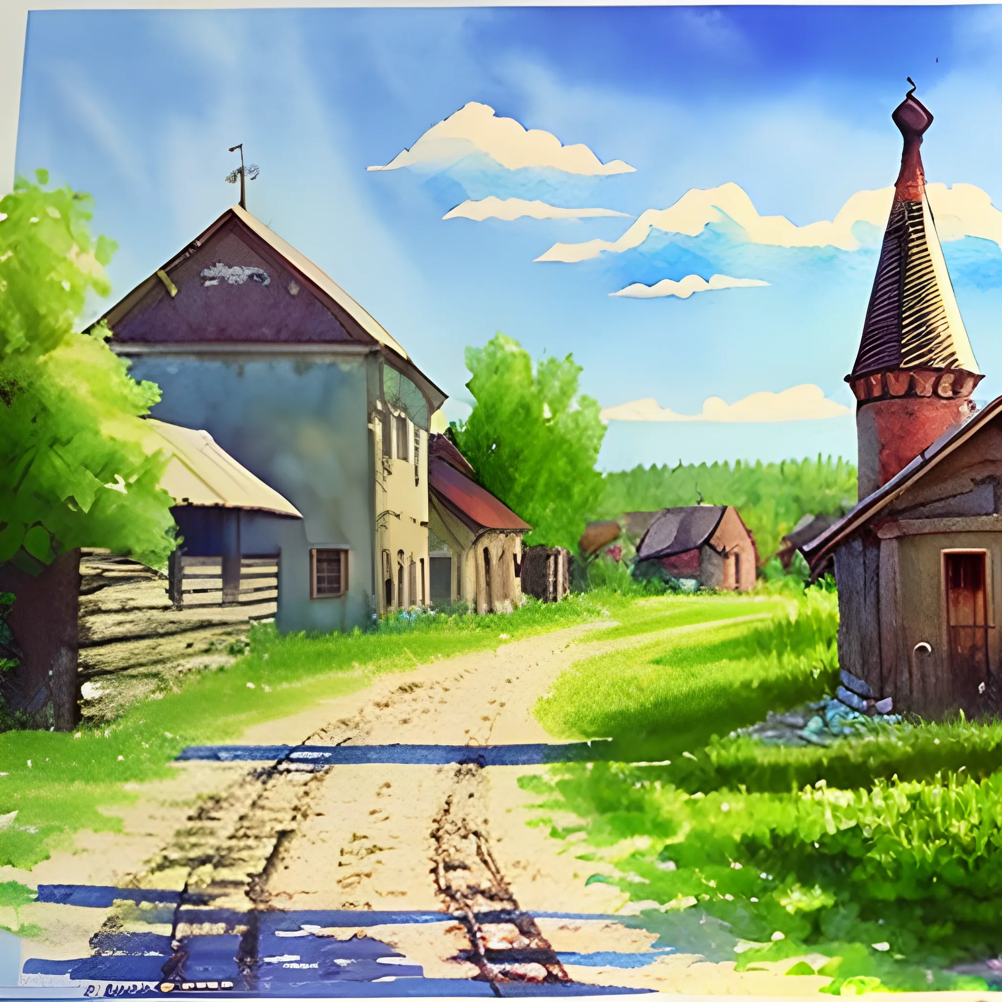 An old Russian village, sunny day, Water Color