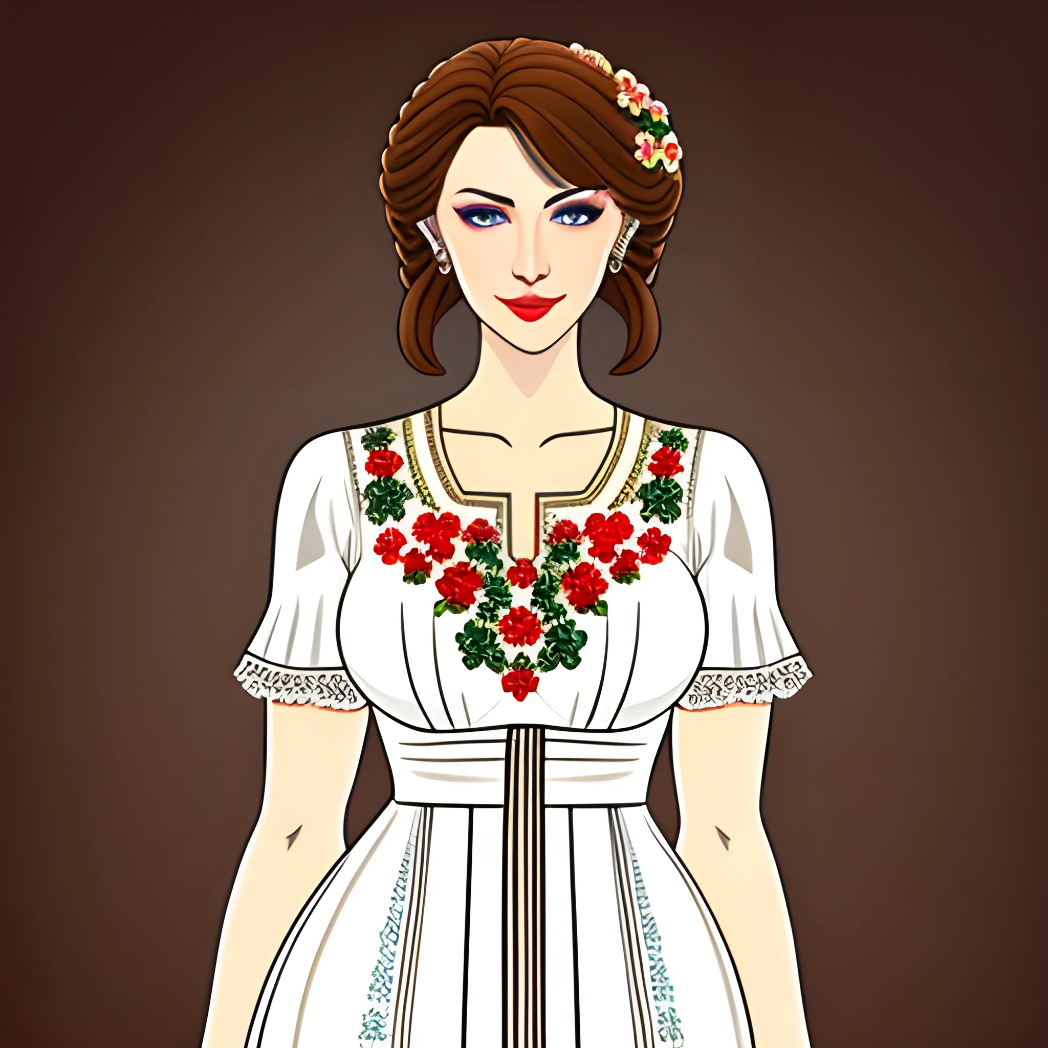 russian girl, slavic girl, white folk dress, fullbody, light-brown hair, flower background, Cartoon