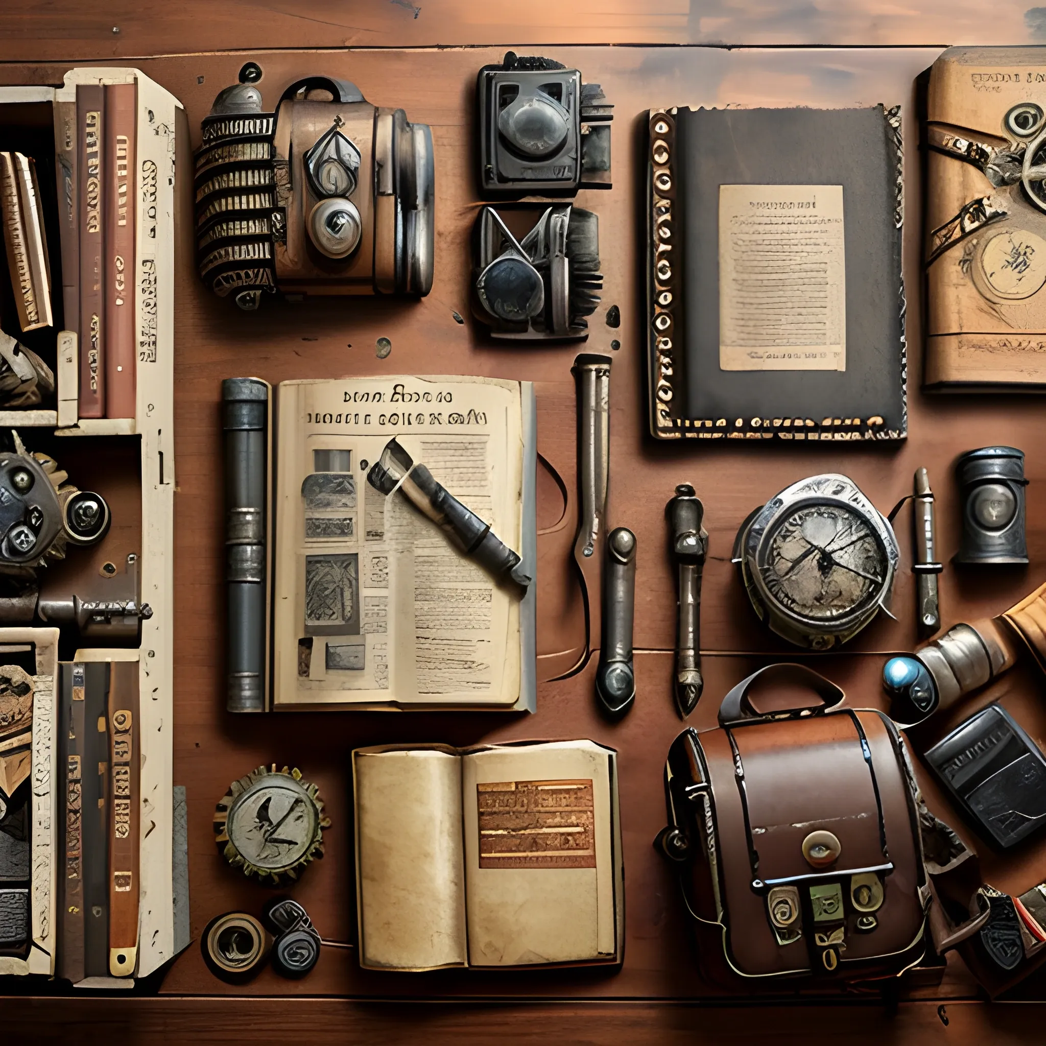 steampunk, content of traveler's backpack, mechanical tools, book, many things on a table, messy, dirty