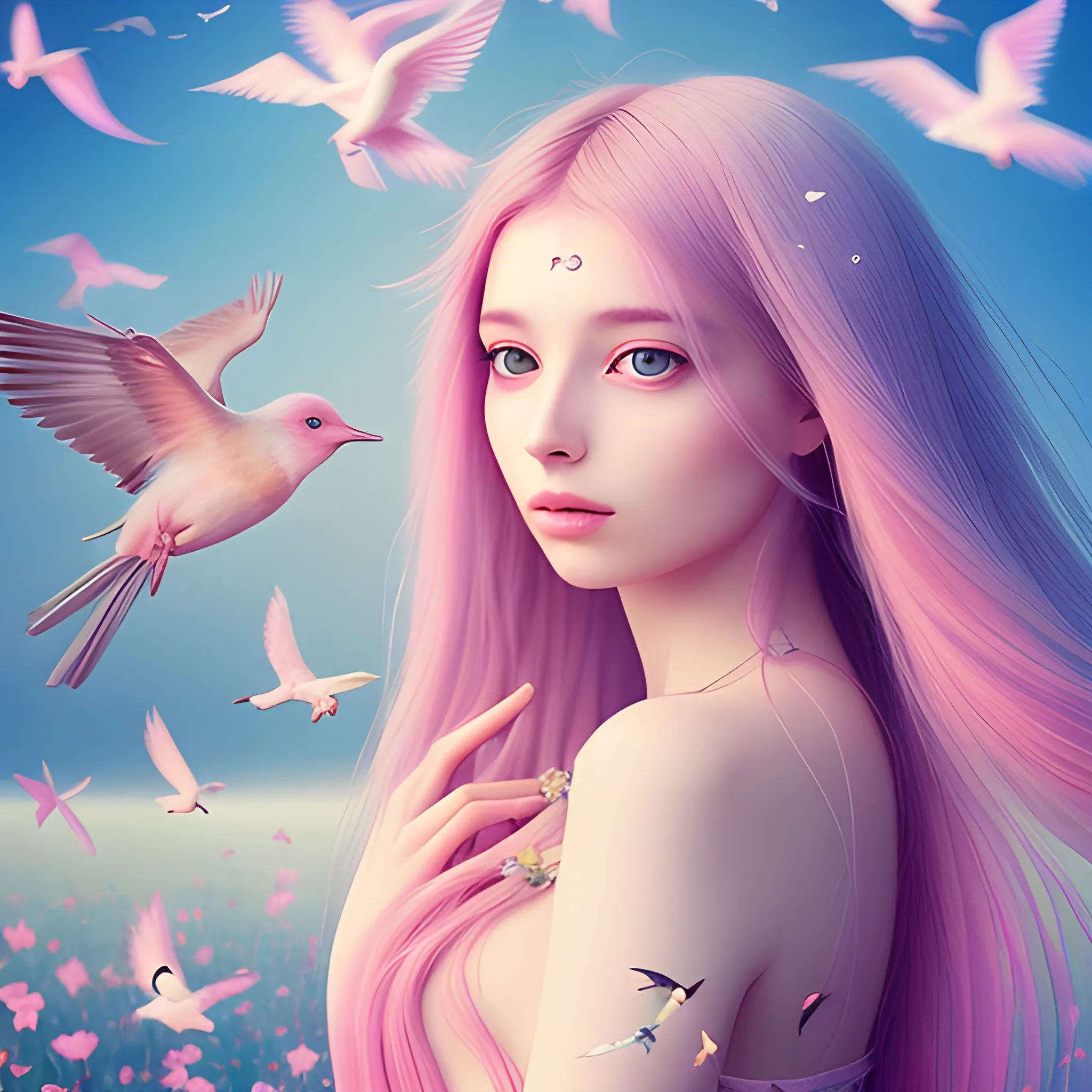 beautiful woman, , peace, innocence, serenity, long hair, birds, surreal, pastel colors, high definition, stunning graphics