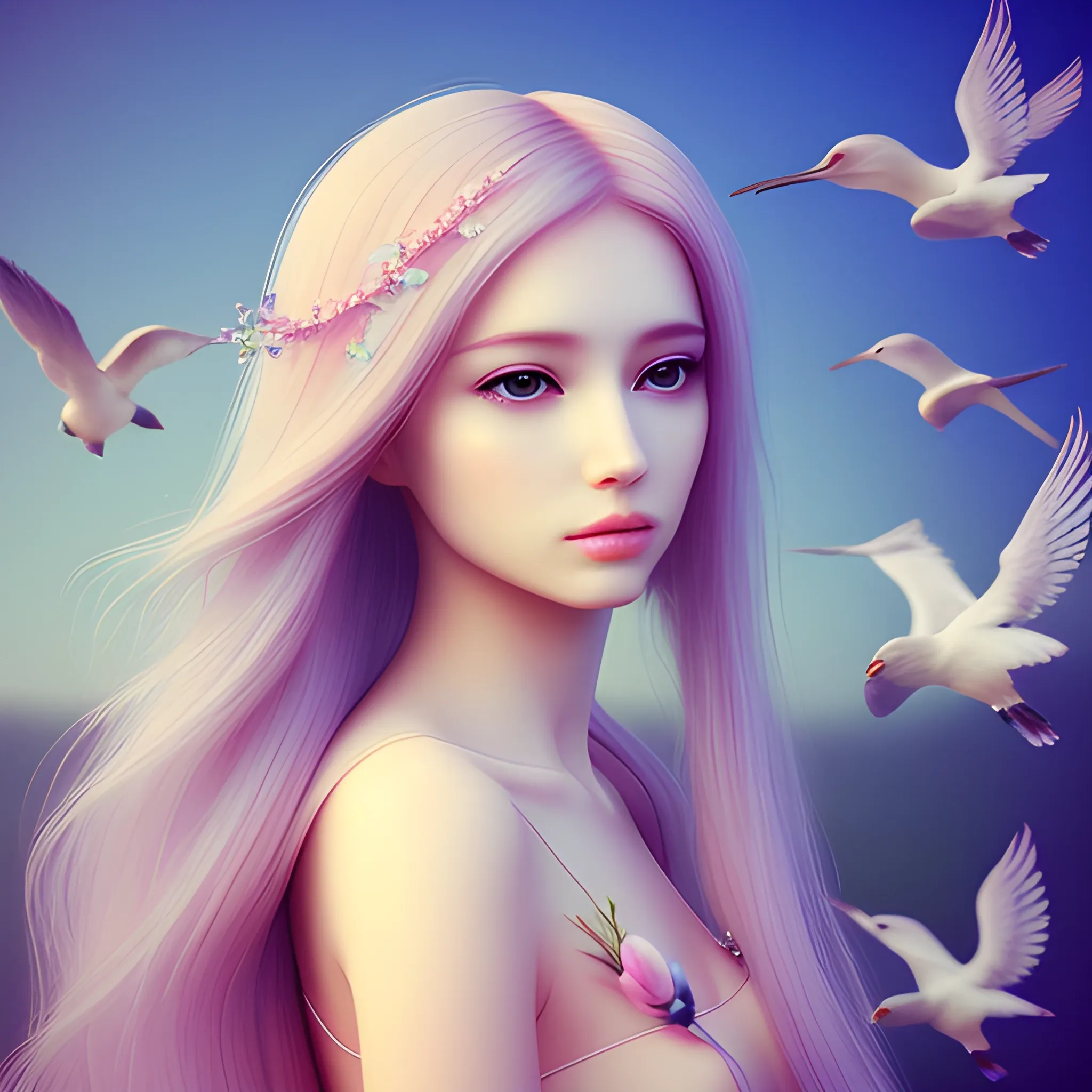 beautiful woman, , peace, innocence, serenity, long hair, birds, surreal, pastel colors, high definition, stunning graphics, 3D